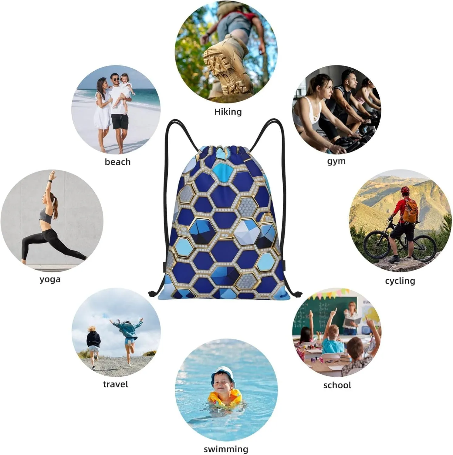 Blue Hexagons And Diamond Drawstring Backpack Cinch Bags, Nylon Drawstring Bags For Trip Gym Party
