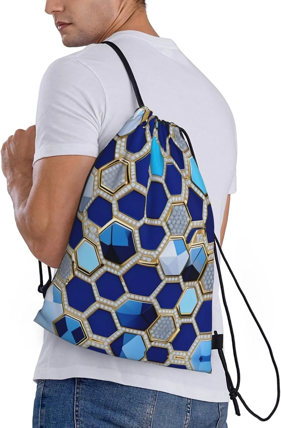 Blue Hexagons And Diamond Drawstring Backpack Cinch Bags, Nylon Drawstring Bags For Trip Gym Party