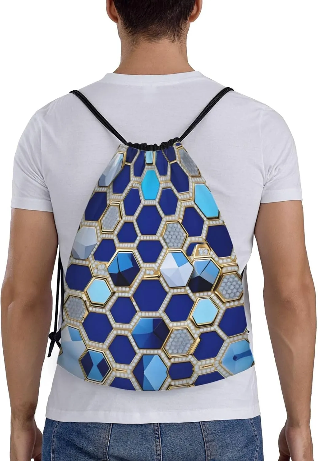 Blue Hexagons And Diamond Drawstring Backpack Cinch Bags, Nylon Drawstring Bags For Trip Gym Party