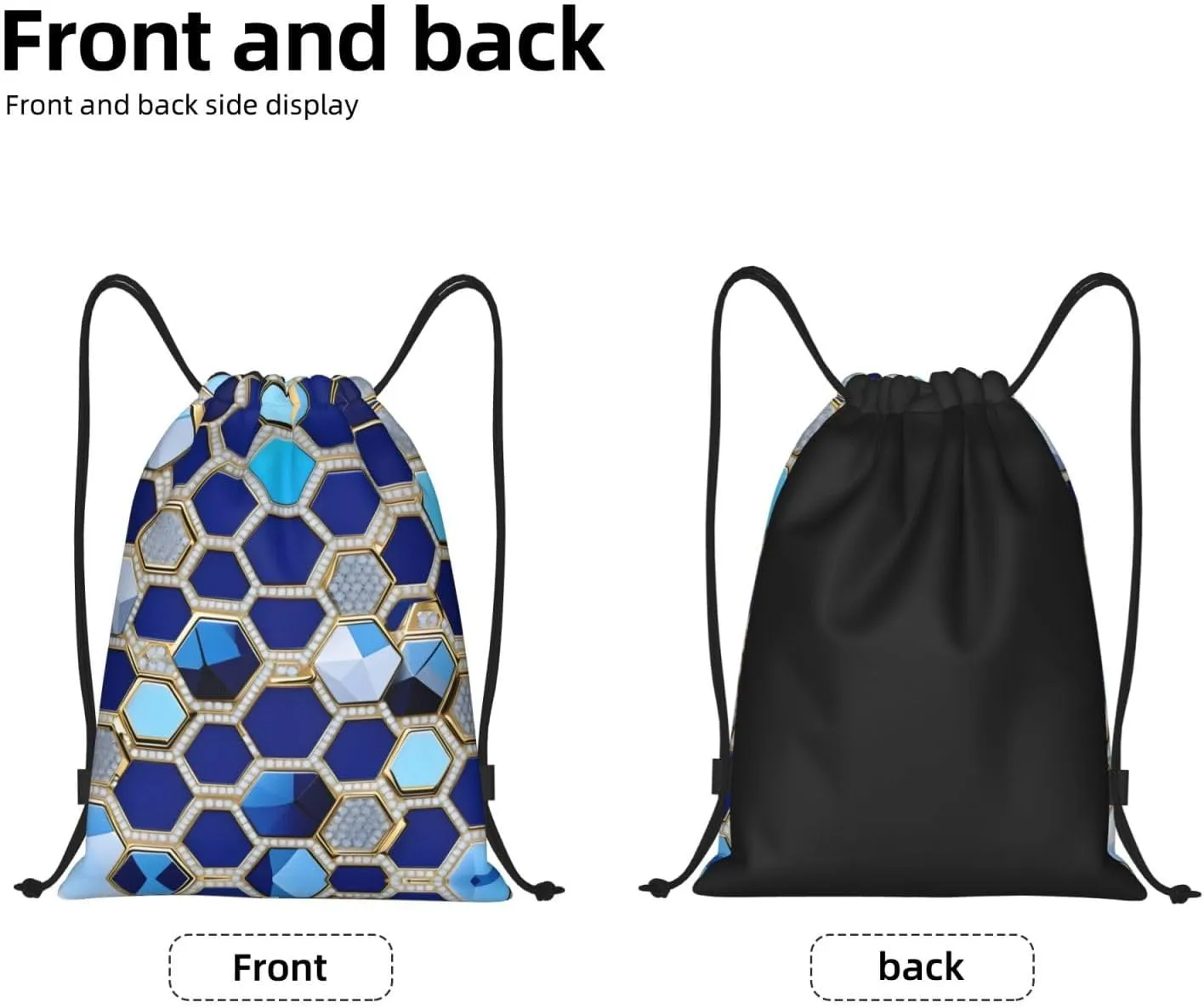 Blue Hexagons And Diamond Drawstring Backpack Cinch Bags, Nylon Drawstring Bags For Trip Gym Party