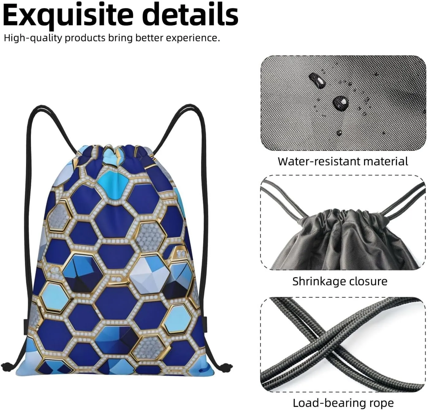 Blue Hexagons And Diamond Drawstring Backpack Cinch Bags, Nylon Drawstring Bags For Trip Gym Party