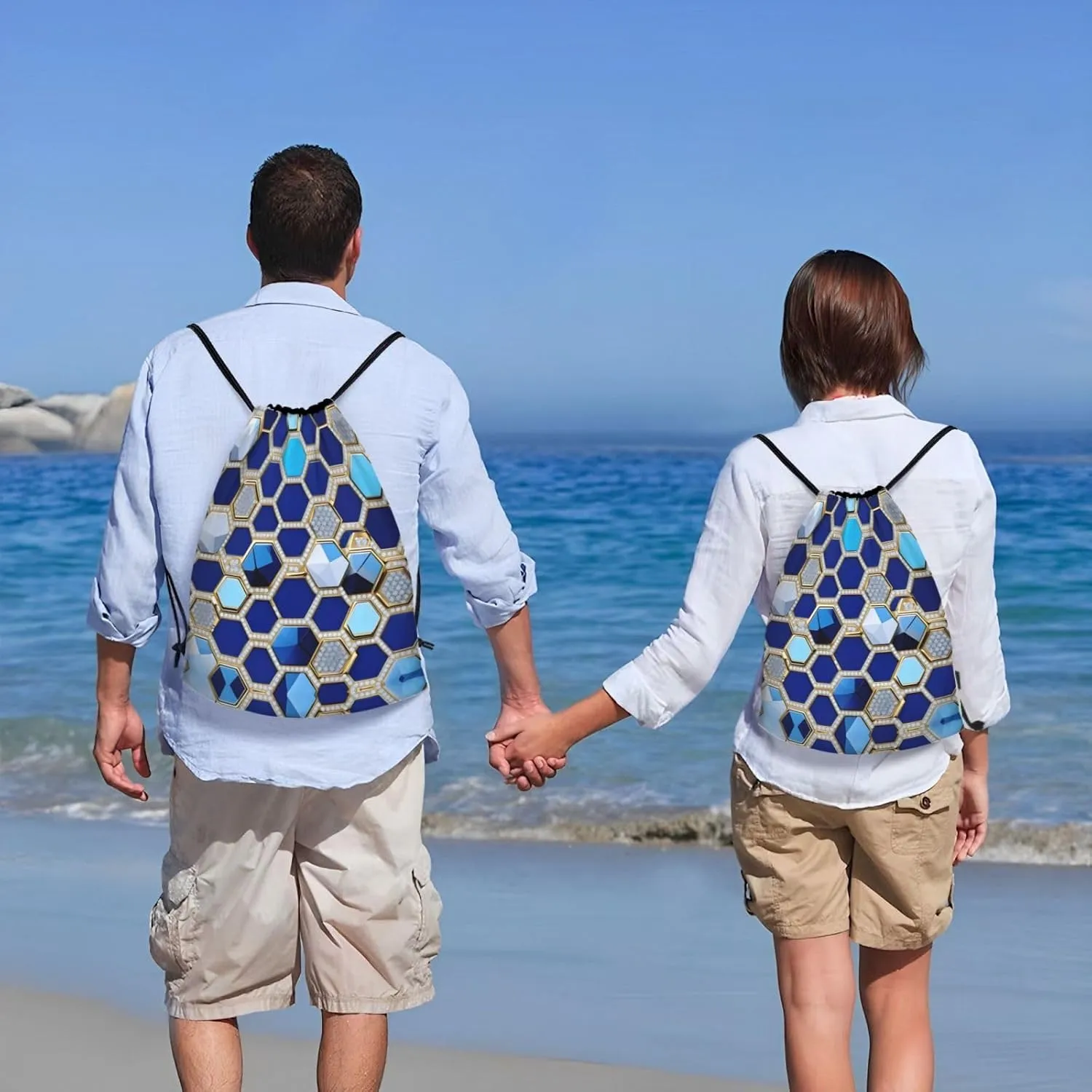 Blue Hexagons And Diamond Drawstring Backpack Cinch Bags, Nylon Drawstring Bags For Trip Gym Party