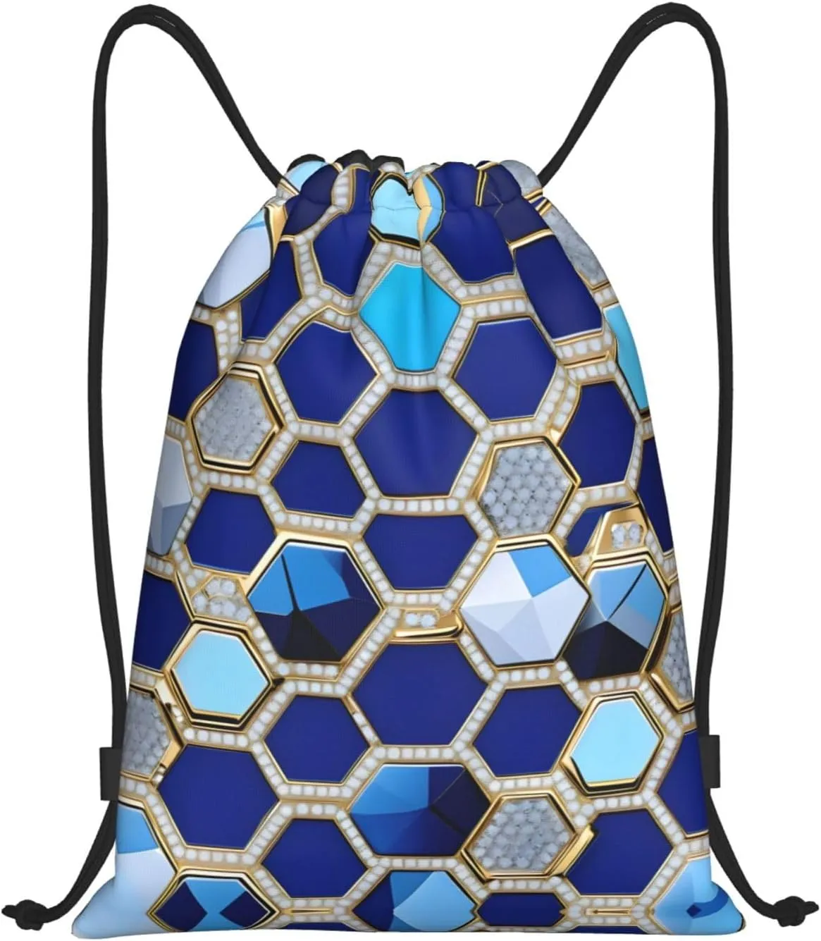 Blue Hexagons And Diamond Drawstring Backpack Cinch Bags, Nylon Drawstring Bags For Trip Gym Party