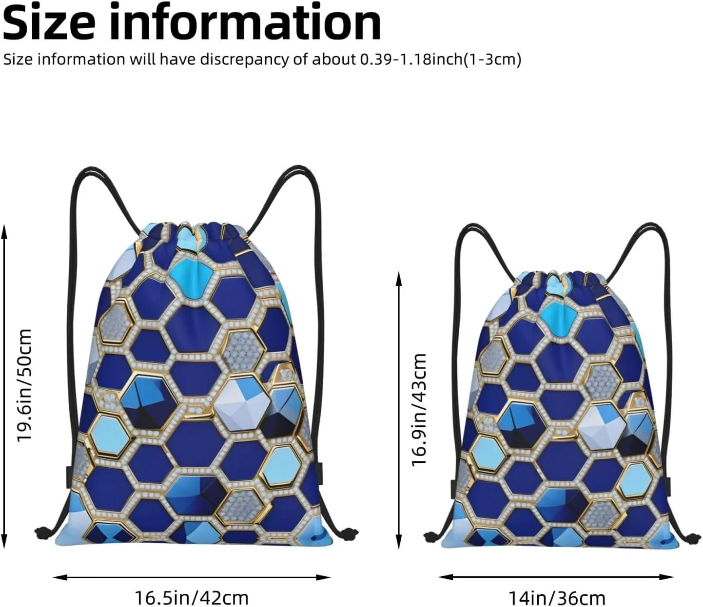 Blue Hexagons And Diamond Drawstring Backpack Cinch Bags, Nylon Drawstring Bags For Trip Gym Party