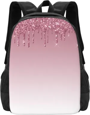 Blush Pink Glitter Sparkle Drips Minimalist Large Backpack – 15”Laptop Backpack, Lightweight Travel & Work Bag With Ergonomic Straps
