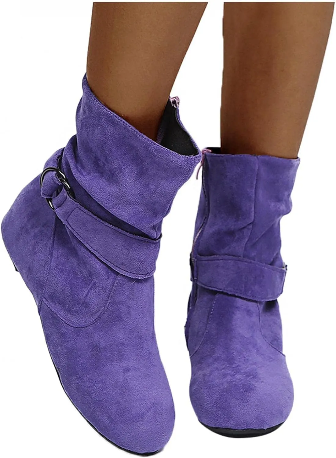 Brand Women's Casual Ankle Boots - Flat Fringe Mid Calf Low Heel Fashion Slouchy Suede Round Toe Slip On Zipper Booties for Winter Fall Dress Short Boots Comfort Outdoor Snow Boots