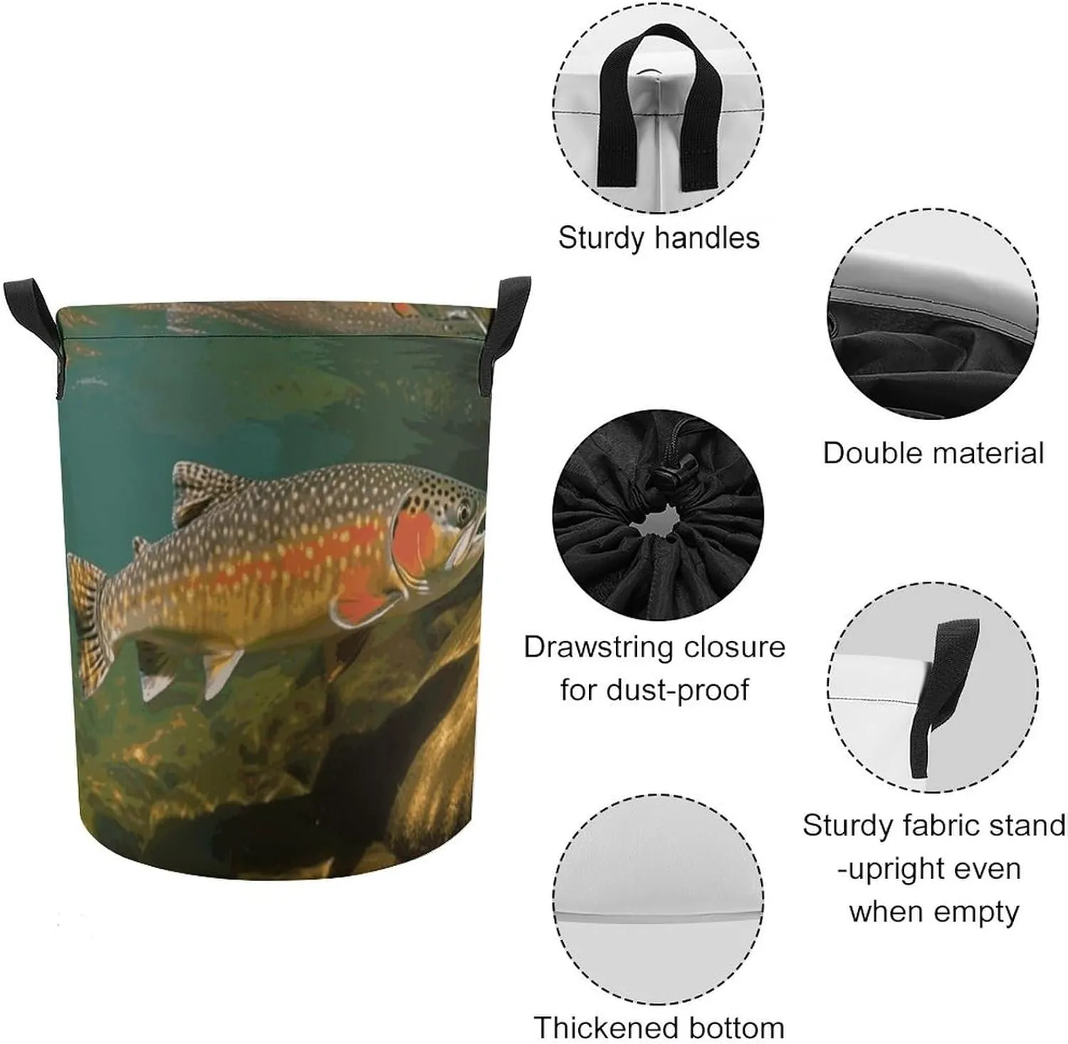 Brook Trout Fly Fishing Laundry Bag Round Laundry Basket Collapsible Hamper with Handles Drawstring Closure Waterproof Storage Basket Dirty Clothes Organizer for Bedroom Bathroom Dorm 17" X 17"