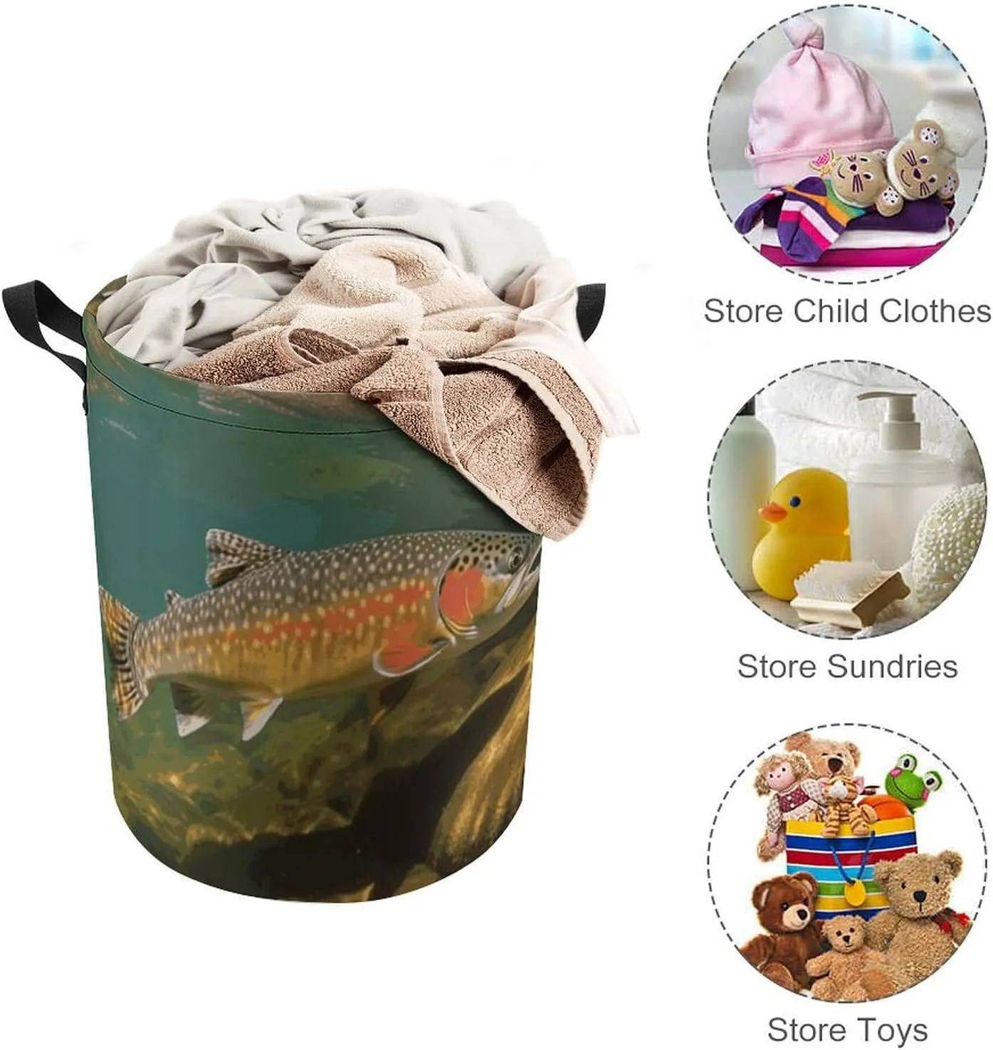 Brook Trout Fly Fishing Laundry Bag Round Laundry Basket Collapsible Hamper with Handles Drawstring Closure Waterproof Storage Basket Dirty Clothes Organizer for Bedroom Bathroom Dorm 17" X 17"