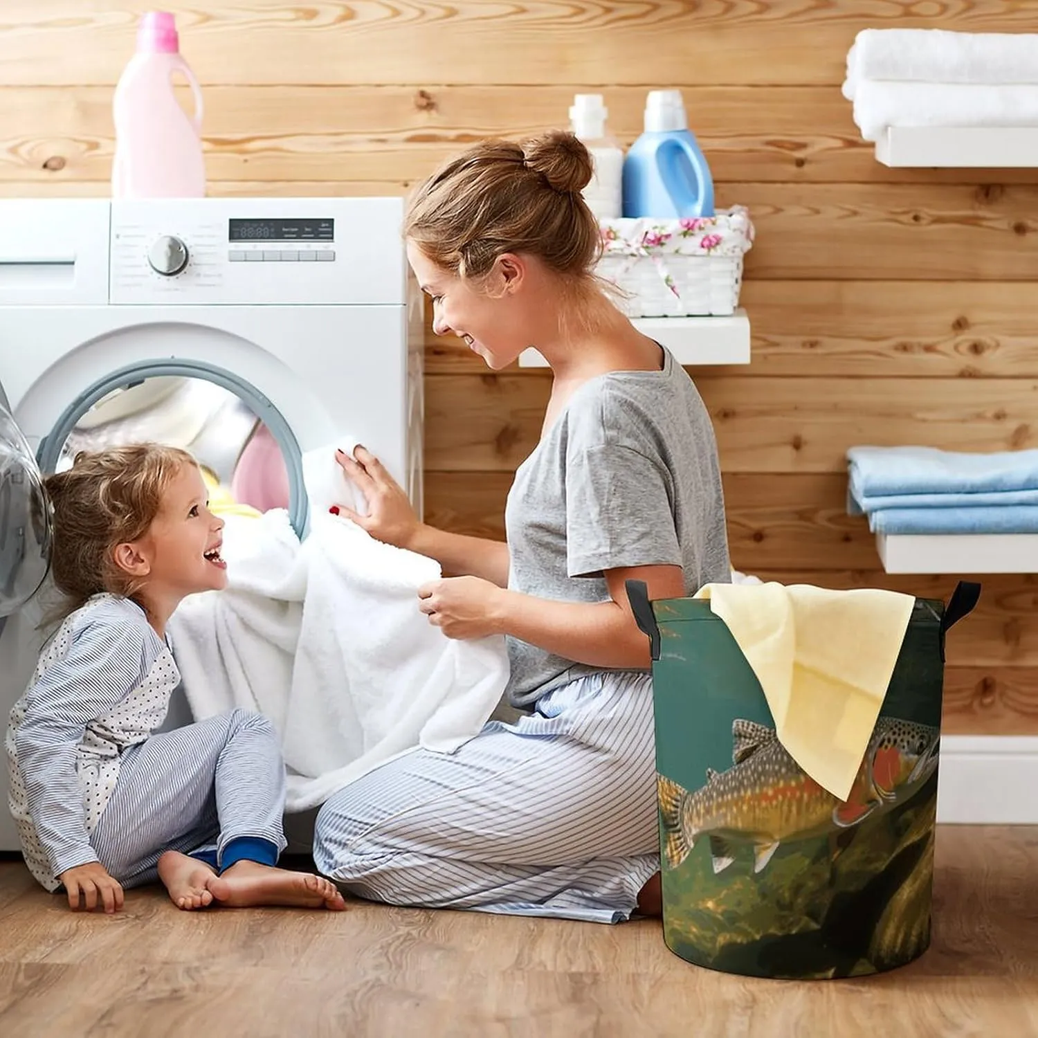 Brook Trout Fly Fishing Laundry Bag Round Laundry Basket Collapsible Hamper with Handles Drawstring Closure Waterproof Storage Basket Dirty Clothes Organizer for Bedroom Bathroom Dorm 17" X 17"