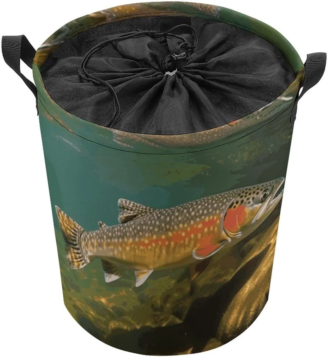 Brook Trout Fly Fishing Laundry Bag Round Laundry Basket Collapsible Hamper with Handles Drawstring Closure Waterproof Storage Basket Dirty Clothes Organizer for Bedroom Bathroom Dorm 17" X 17"