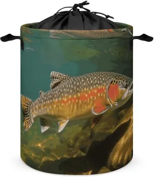 Brook Trout Fly Fishing Laundry Bag Round Laundry Basket Collapsible Hamper with Handles Drawstring Closure Waterproof Storage Basket Dirty Clothes Organizer for Bedroom Bathroom Dorm 17" X 17"