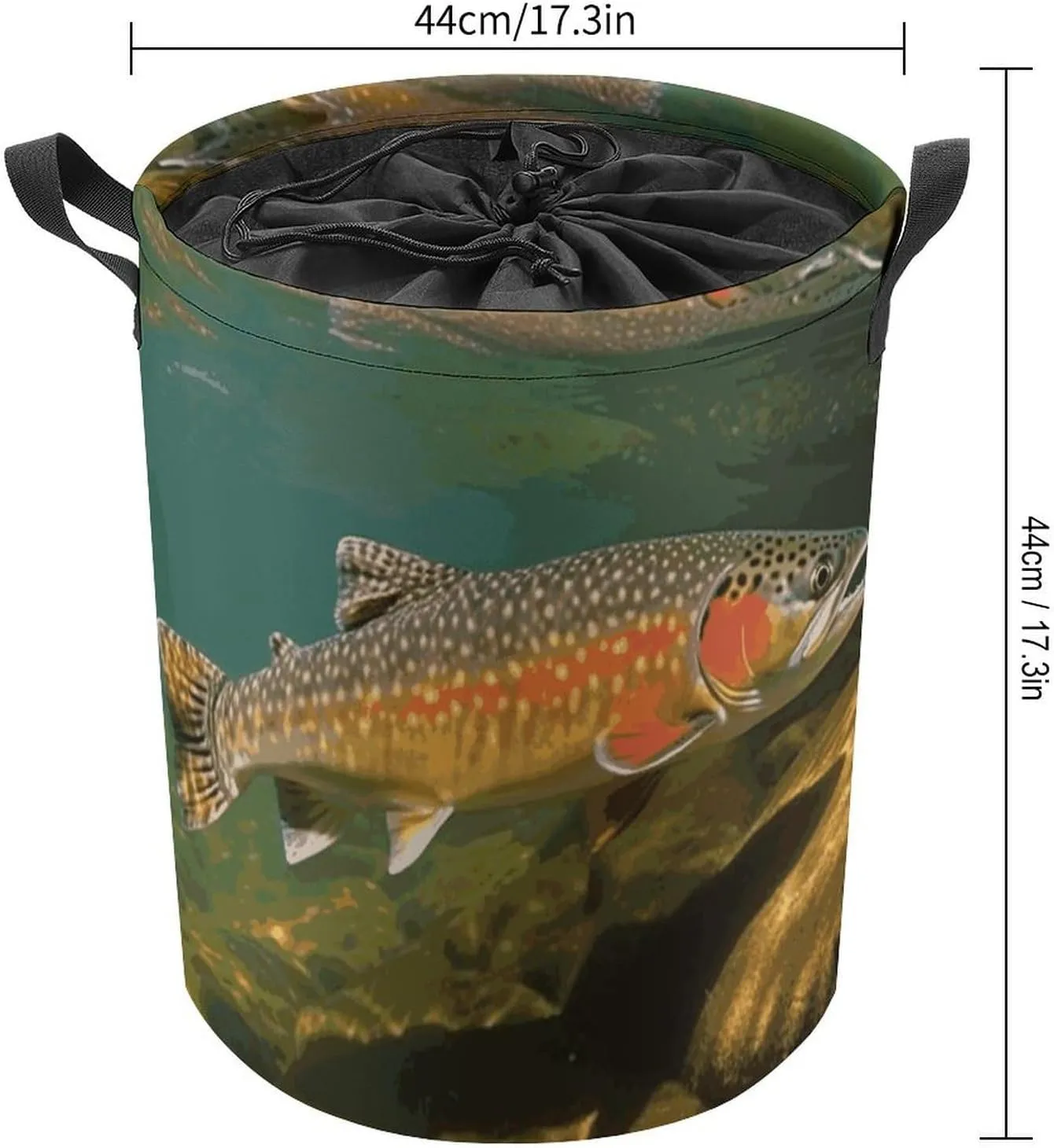 Brook Trout Fly Fishing Laundry Bag Round Laundry Basket Collapsible Hamper with Handles Drawstring Closure Waterproof Storage Basket Dirty Clothes Organizer for Bedroom Bathroom Dorm 17" X 17"