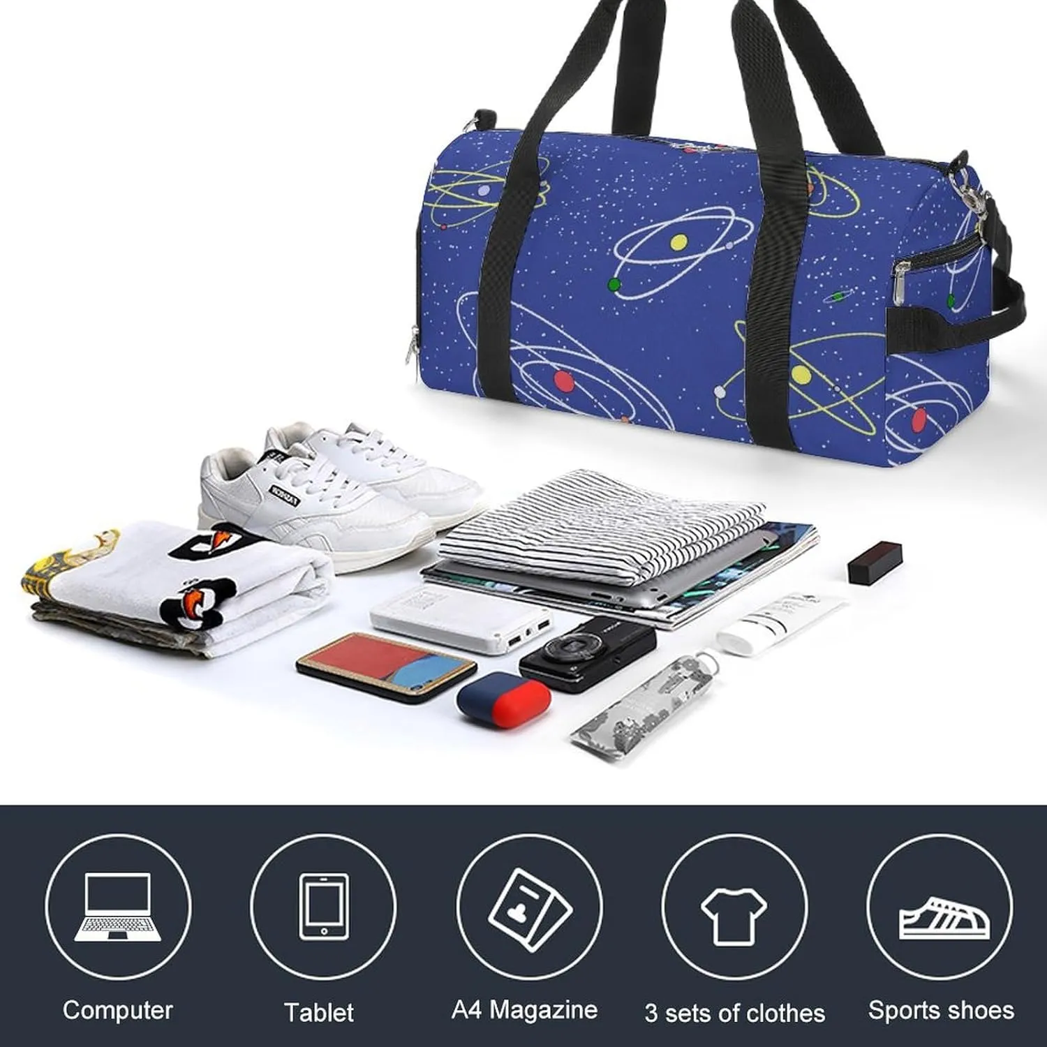 Cartoon Style Theme of Space Fitness Large Gym Bag for Unisex with Shoe Compartment & Wet Pocket