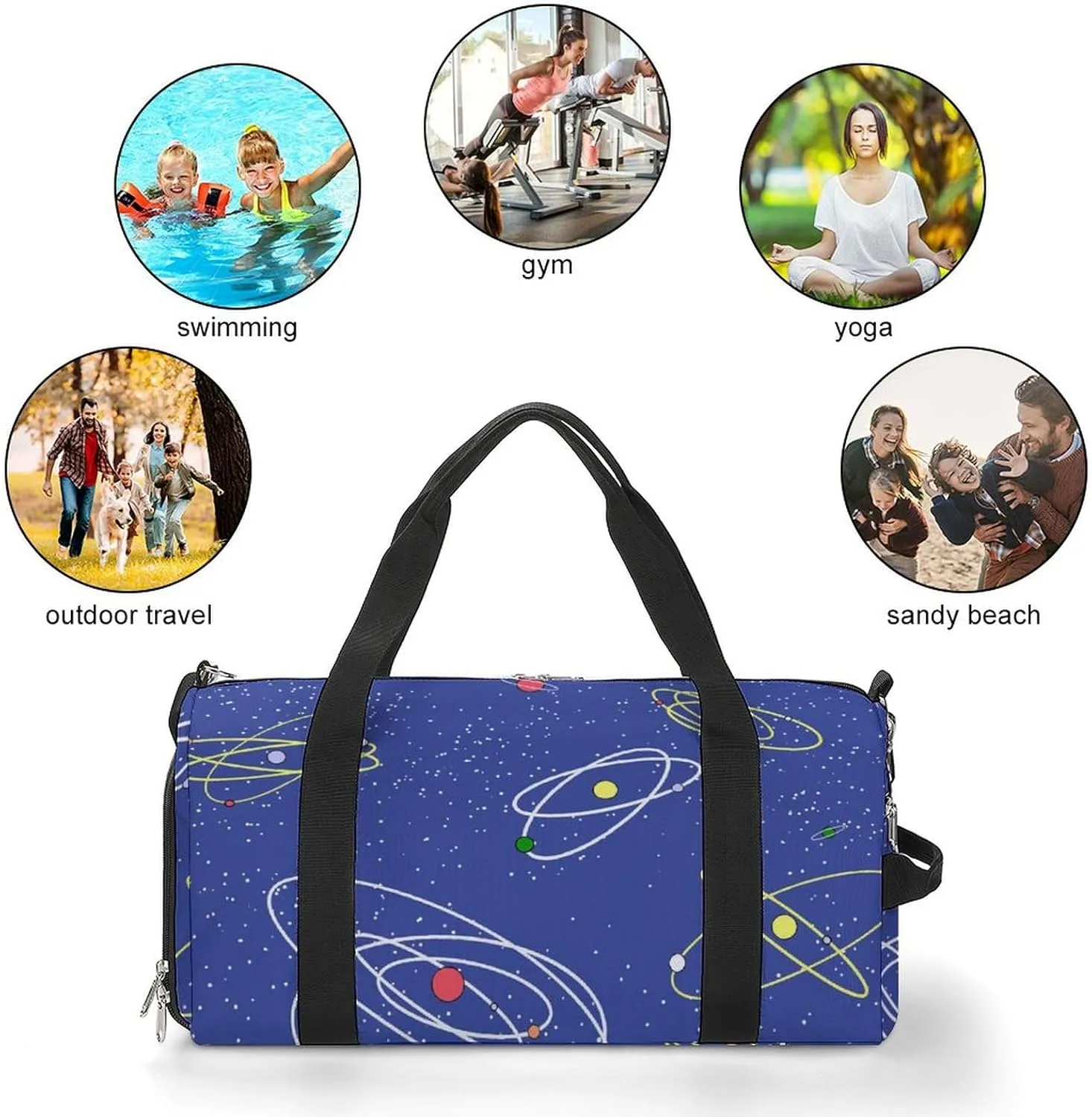 Cartoon Style Theme of Space Fitness Large Gym Bag for Unisex with Shoe Compartment & Wet Pocket