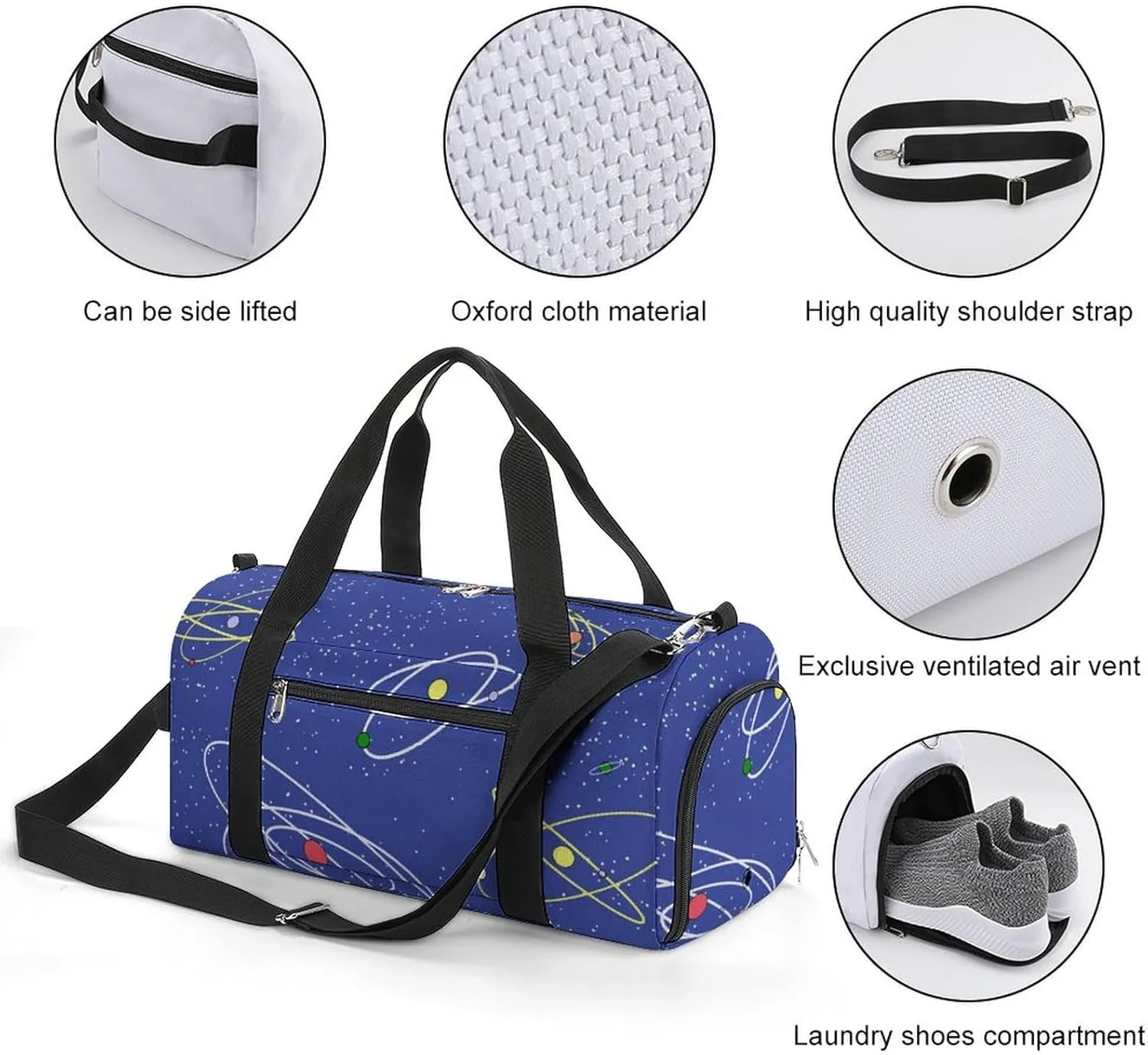 Cartoon Style Theme of Space Fitness Large Gym Bag for Unisex with Shoe Compartment & Wet Pocket
