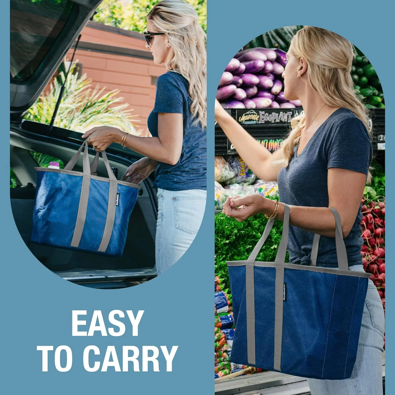 CleverMade EcoBasket 30 Liter Reusable Tote Bag with Reinforced Bottom: Collapsible Grocery Shopping Basket