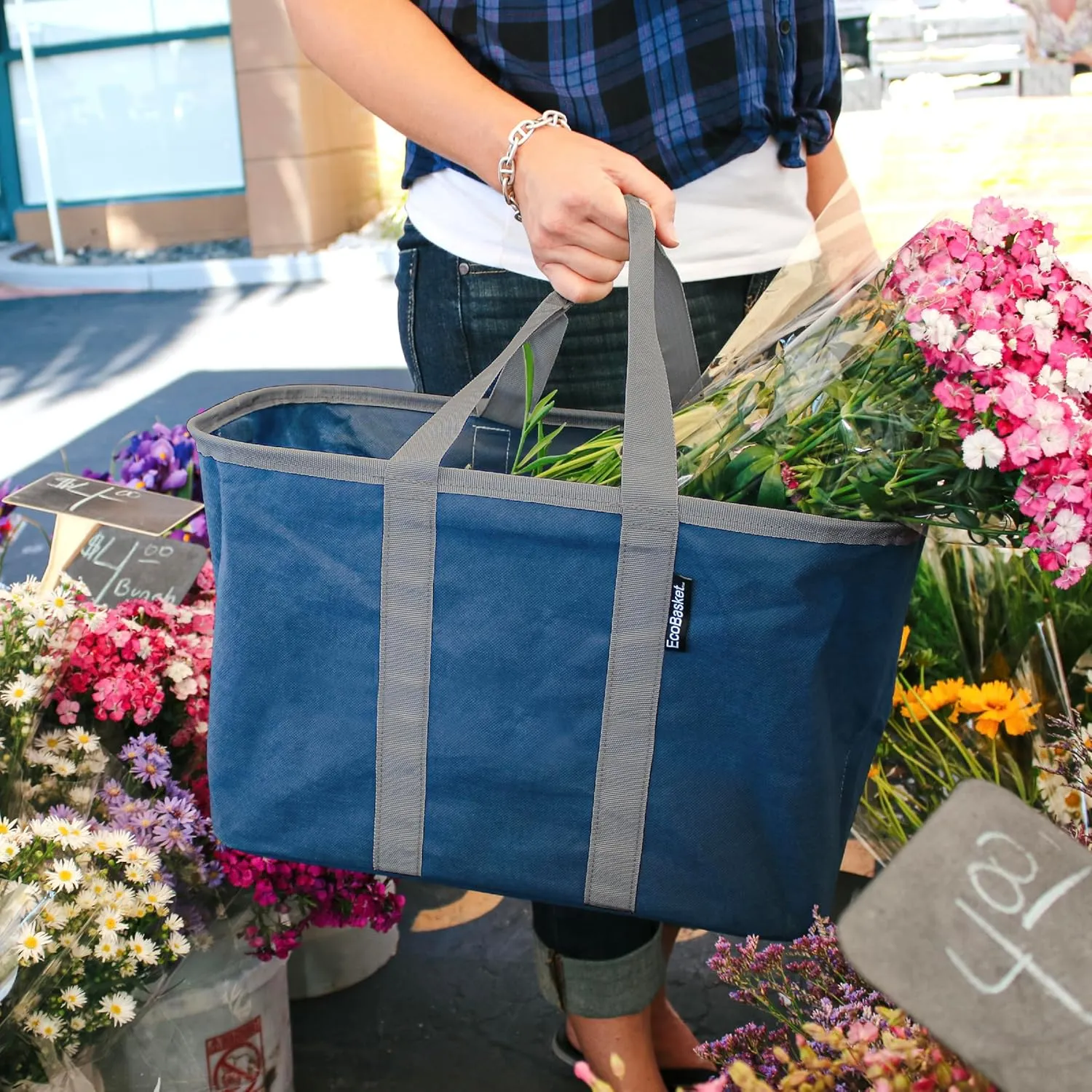 CleverMade EcoBasket 30 Liter Reusable Tote Bag with Reinforced Bottom: Collapsible Grocery Shopping Basket