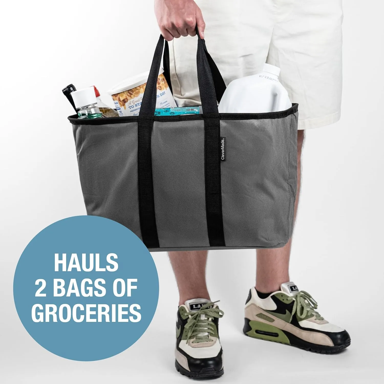 CleverMade EcoBasket 30 Liter Reusable Tote Bag with Reinforced Bottom: Collapsible Grocery Shopping Basket