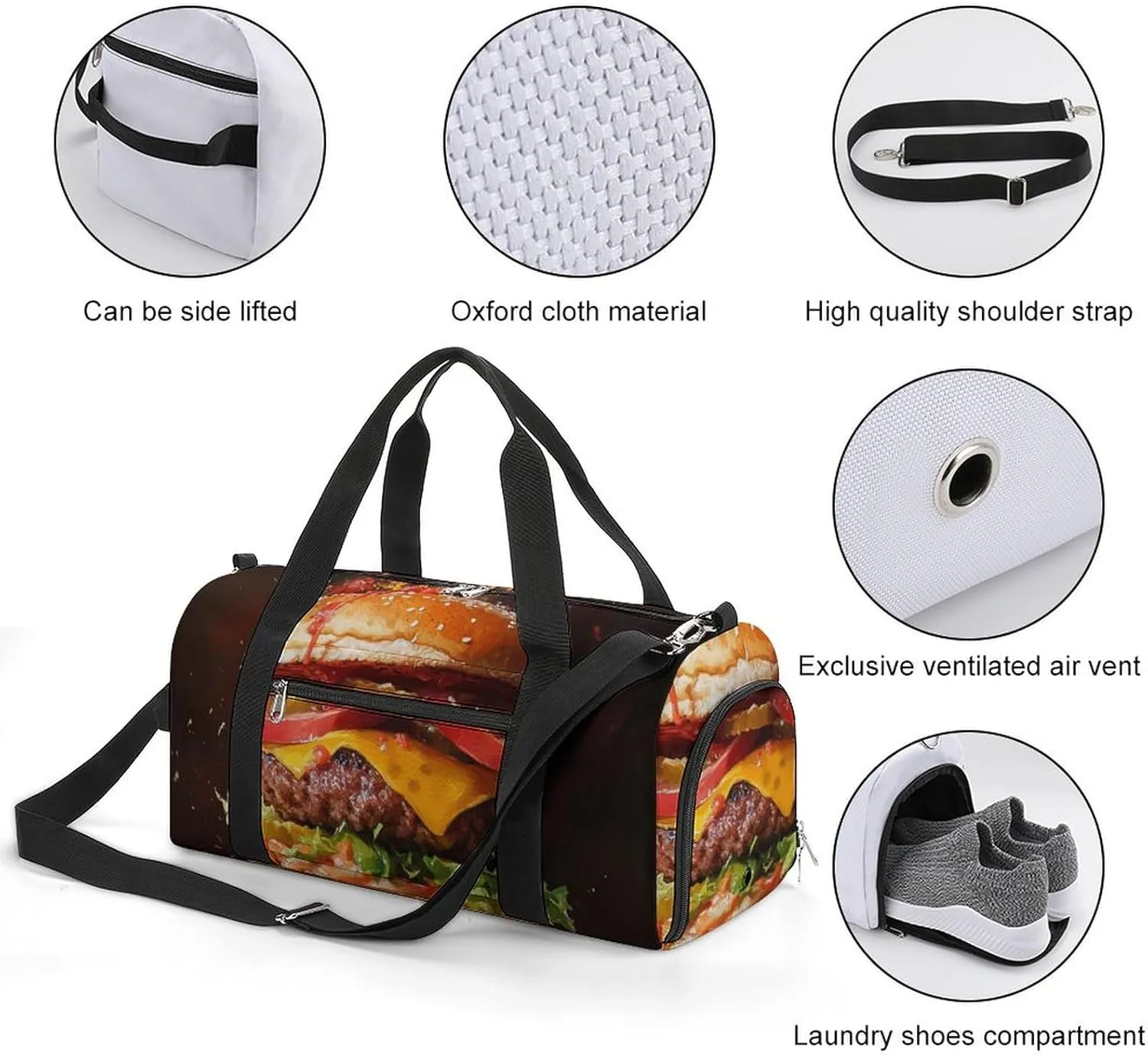 Close Up of Hamburgers Fitness Large Gym Bag for Unisex with Shoe Compartment & Wet Pocket