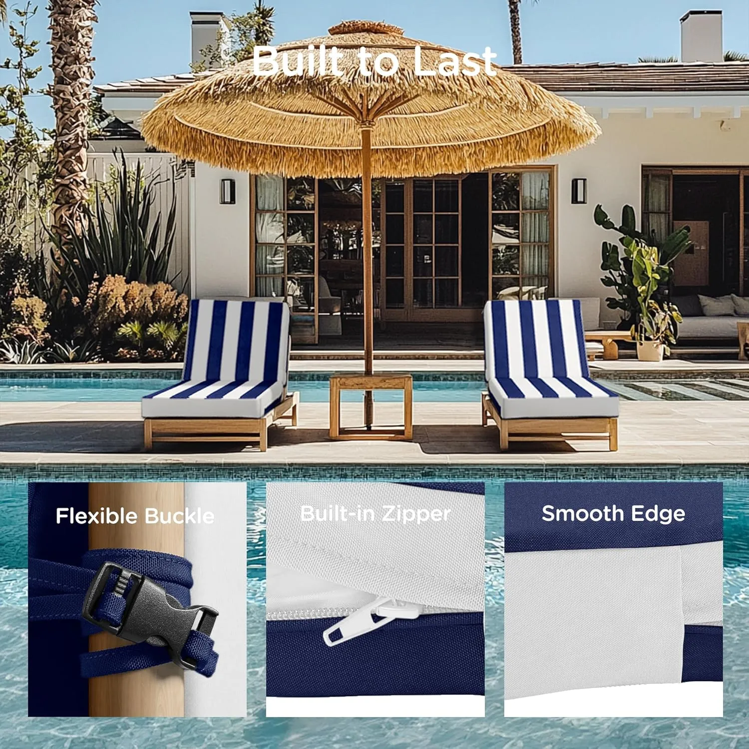 Codi Outdoor Lounge Chair Cushions, Chaise Cushion for Patio Furniture, Double Waterproof Fabric for Pool, Garden and Beach, 72 x 22.5 x 3.5 Inch 1PK Cabana Blue
