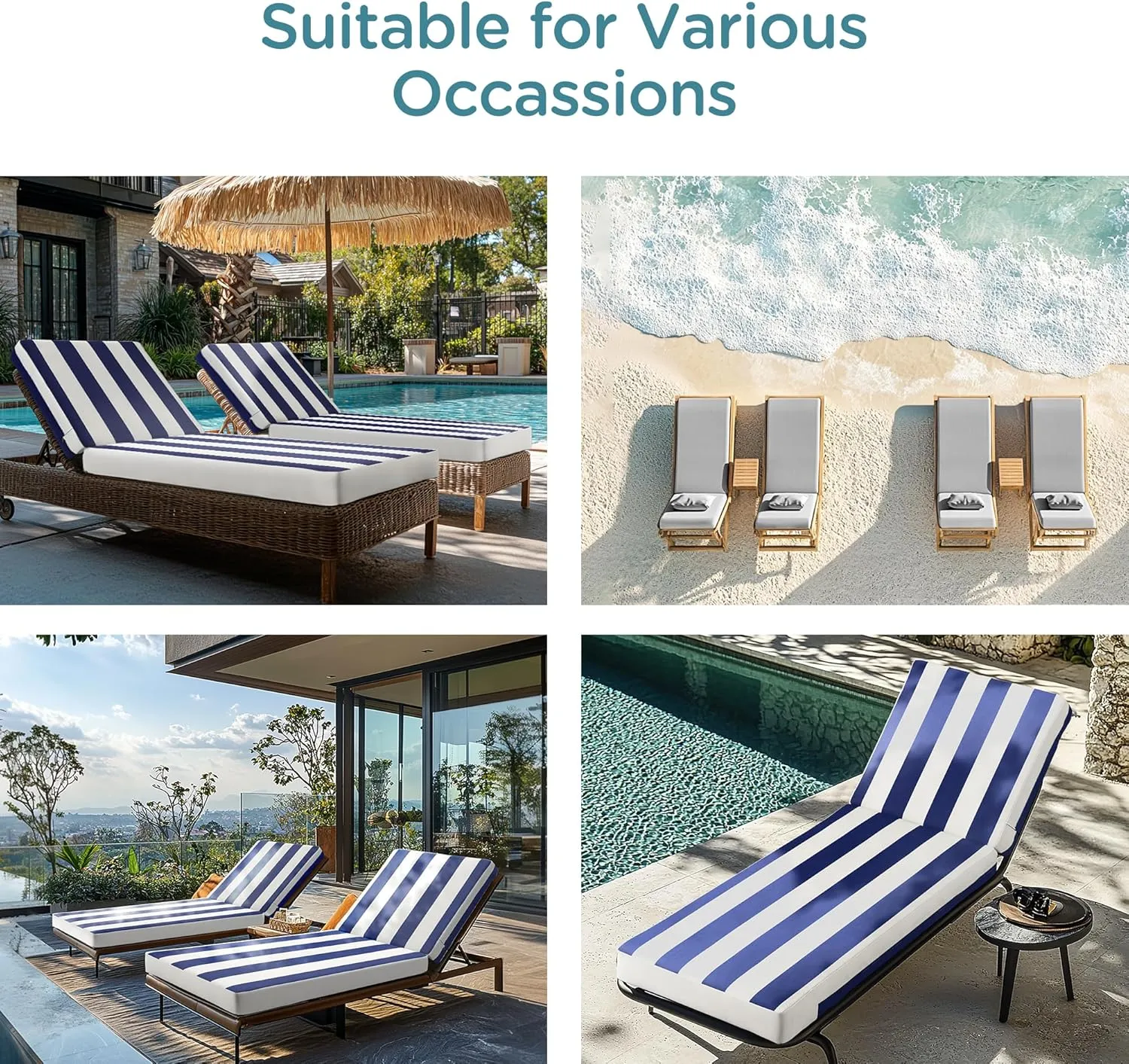 Codi Outdoor Lounge Chair Cushions, Chaise Cushion for Patio Furniture, Double Waterproof Fabric for Pool, Garden and Beach, 72 x 22.5 x 3.5 Inch 1PK Cabana Blue