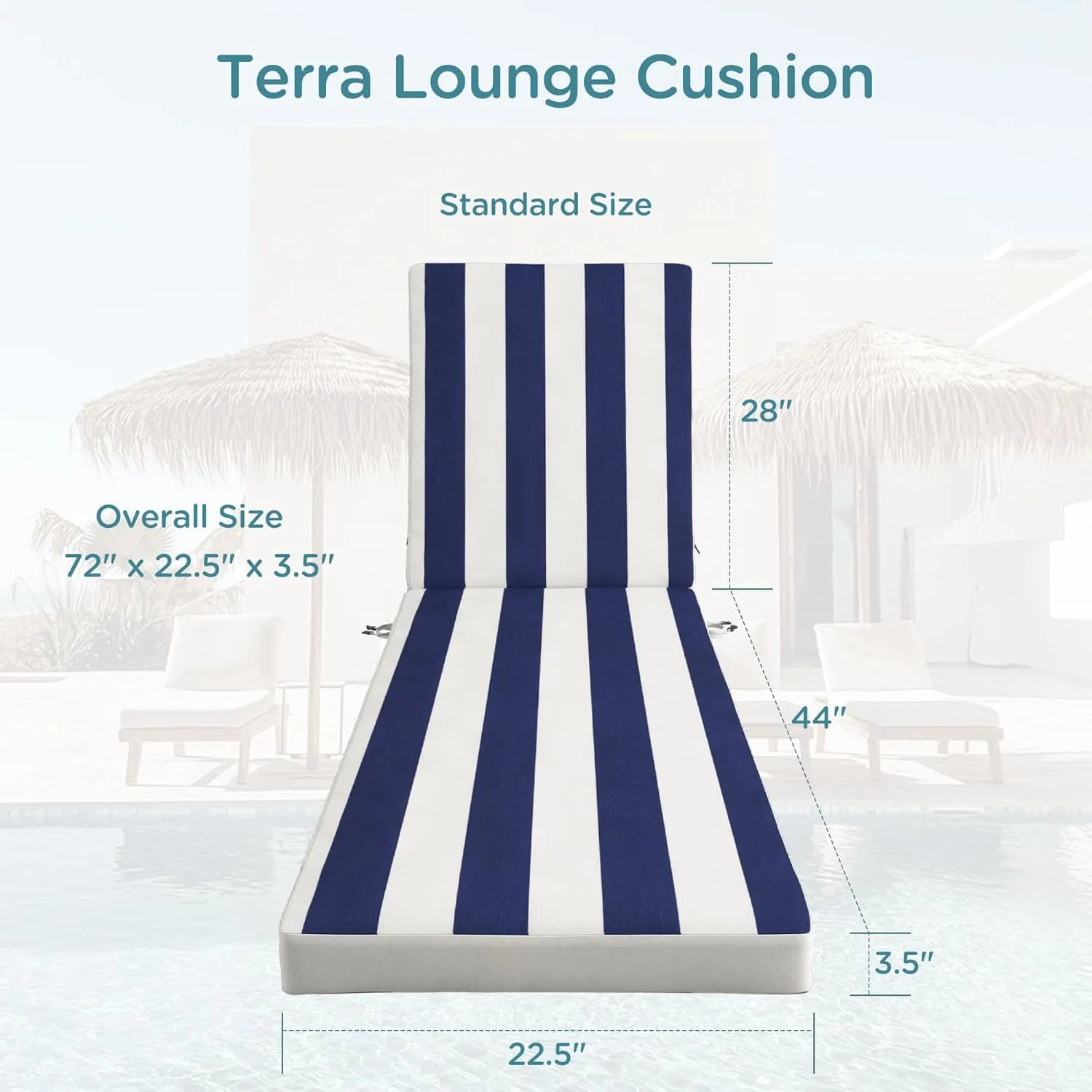 Codi Outdoor Lounge Chair Cushions, Chaise Cushion for Patio Furniture, Double Waterproof Fabric for Pool, Garden and Beach, 72 x 22.5 x 3.5 Inch 1PK Cabana Blue