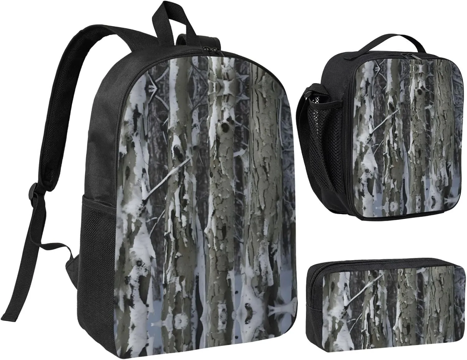 Cold Tree Camouflage print Backpack Set Casual Shoulder Bag Lunch Bag Pen Pouch 3 in 1 Set 17inch for Women Men College