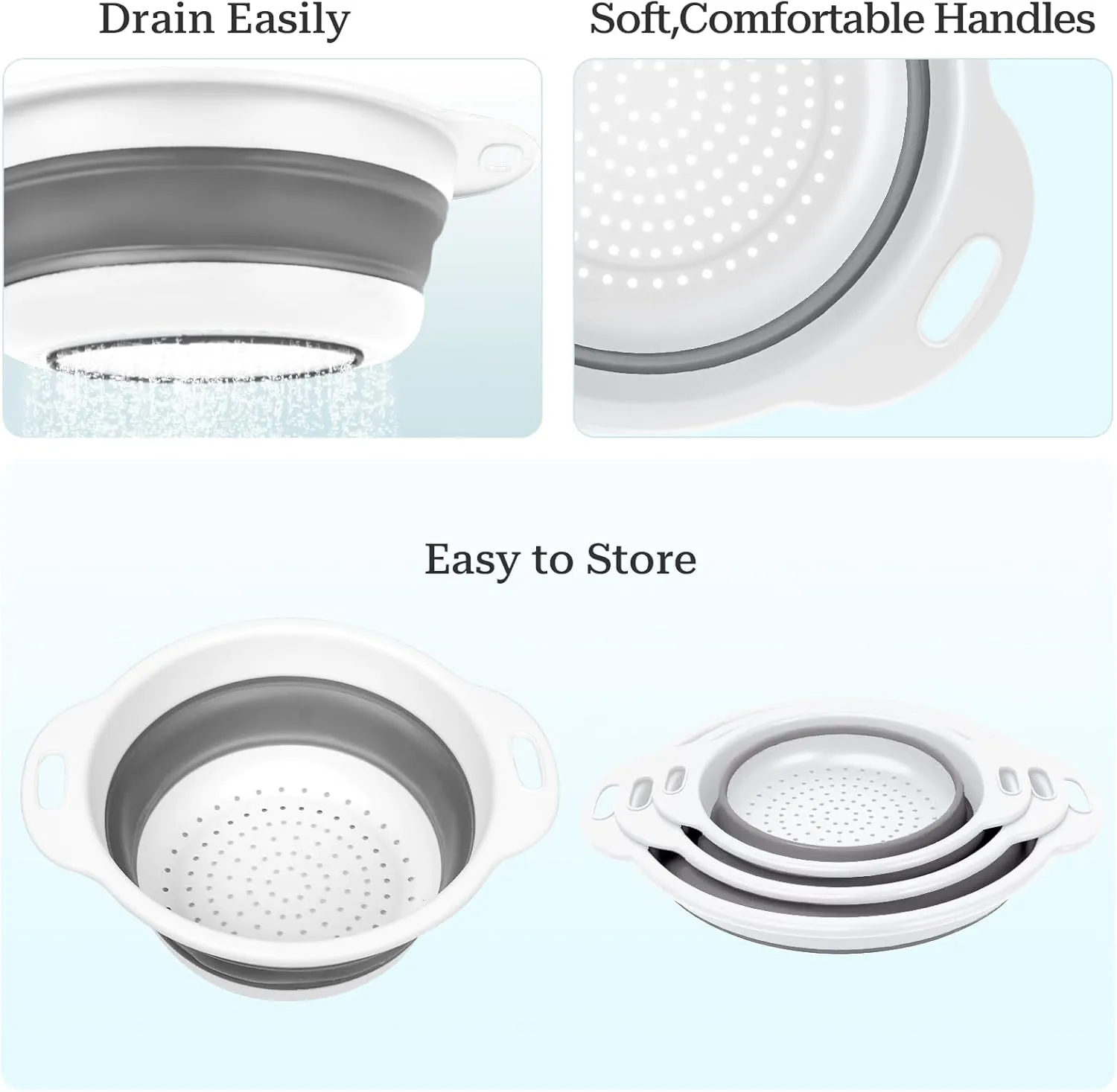 Collapsible Colander 3-Pack Set Space-Saving Foldable Kitchen Strainer with Non-Slip Base Durable Thickened PP TPE Collapsible Strainers for Pasta, Vegetables, Fruits (Gray-White)