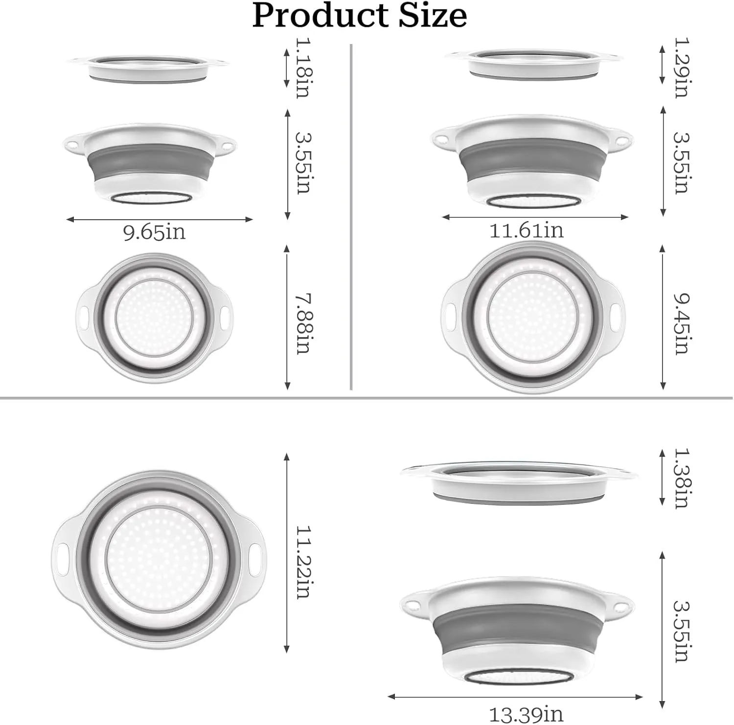 Collapsible Colander 3-Pack Set Space-Saving Foldable Kitchen Strainer with Non-Slip Base Durable Thickened PP TPE Collapsible Strainers for Pasta, Vegetables, Fruits (Gray-White)