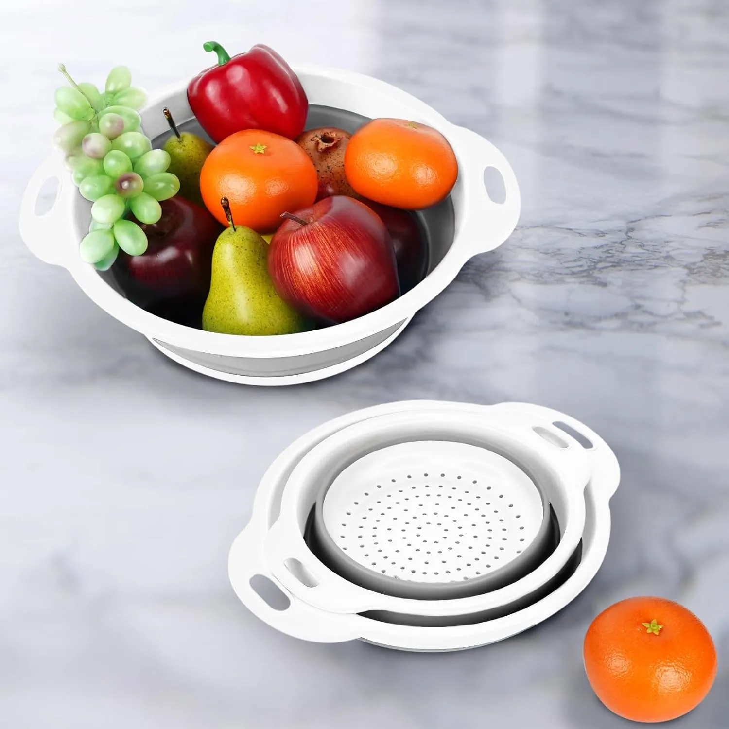 Collapsible Colander 3-Pack Set Space-Saving Foldable Kitchen Strainer with Non-Slip Base Durable Thickened PP TPE Collapsible Strainers for Pasta, Vegetables, Fruits (Gray-White)