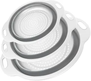 Collapsible Colander 3-Pack Set Space-Saving Foldable Kitchen Strainer with Non-Slip Base Durable Thickened PP TPE Collapsible Strainers for Pasta, Vegetables, Fruits (Gray-White)