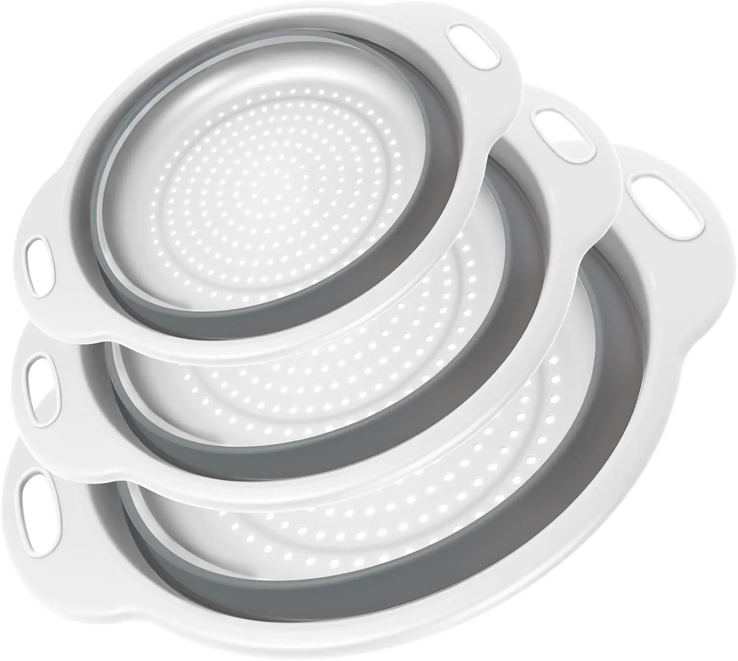 Collapsible Colander 3-Pack Set Space-Saving Foldable Kitchen Strainer with Non-Slip Base Durable Thickened PP TPE Collapsible Strainers for Pasta, Vegetables, Fruits (Gray-White)