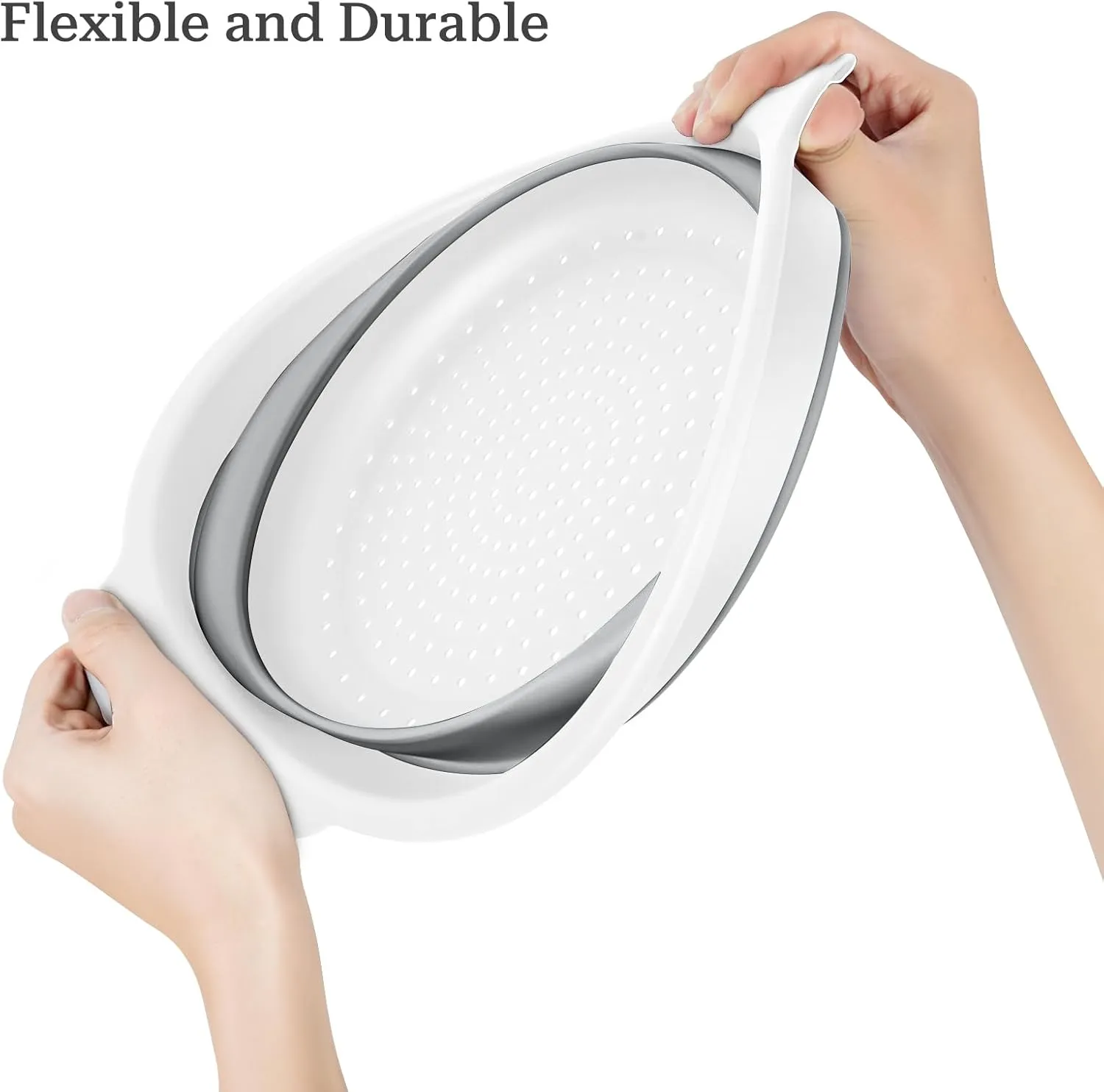 Collapsible Colander 3-Pack Set Space-Saving Foldable Kitchen Strainer with Non-Slip Base Durable Thickened PP TPE Collapsible Strainers for Pasta, Vegetables, Fruits (Gray-White)