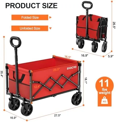 Collapsible Wagon Cart 360lbs Beach Foldable Wagon Lightweight & Portable Folding Utility Grocery Shopping Carts with Wheels for Shopping Sports Garden Camping Red