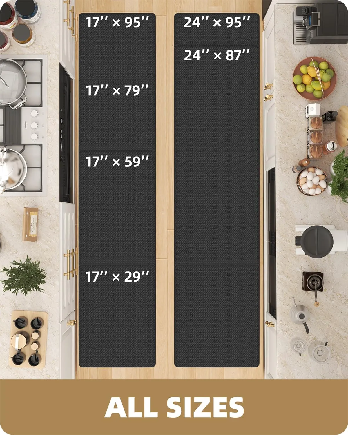 Color&Geometry Kitchen Rug Set 2 Piece Kitchen Runner Rug Kitchen Floor Mat, Cushioned Anti Fatigue Kitchen Mat Non Skid Waterproof Comfort Standing, 17"x29" 17"x59", Black