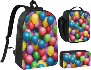 Colorful Balloons Blue Sky print Backpack Set Casual Shoulder Bag Lunch Bag Pen Pouch 3 in 1 Set 17inch for Women Men College