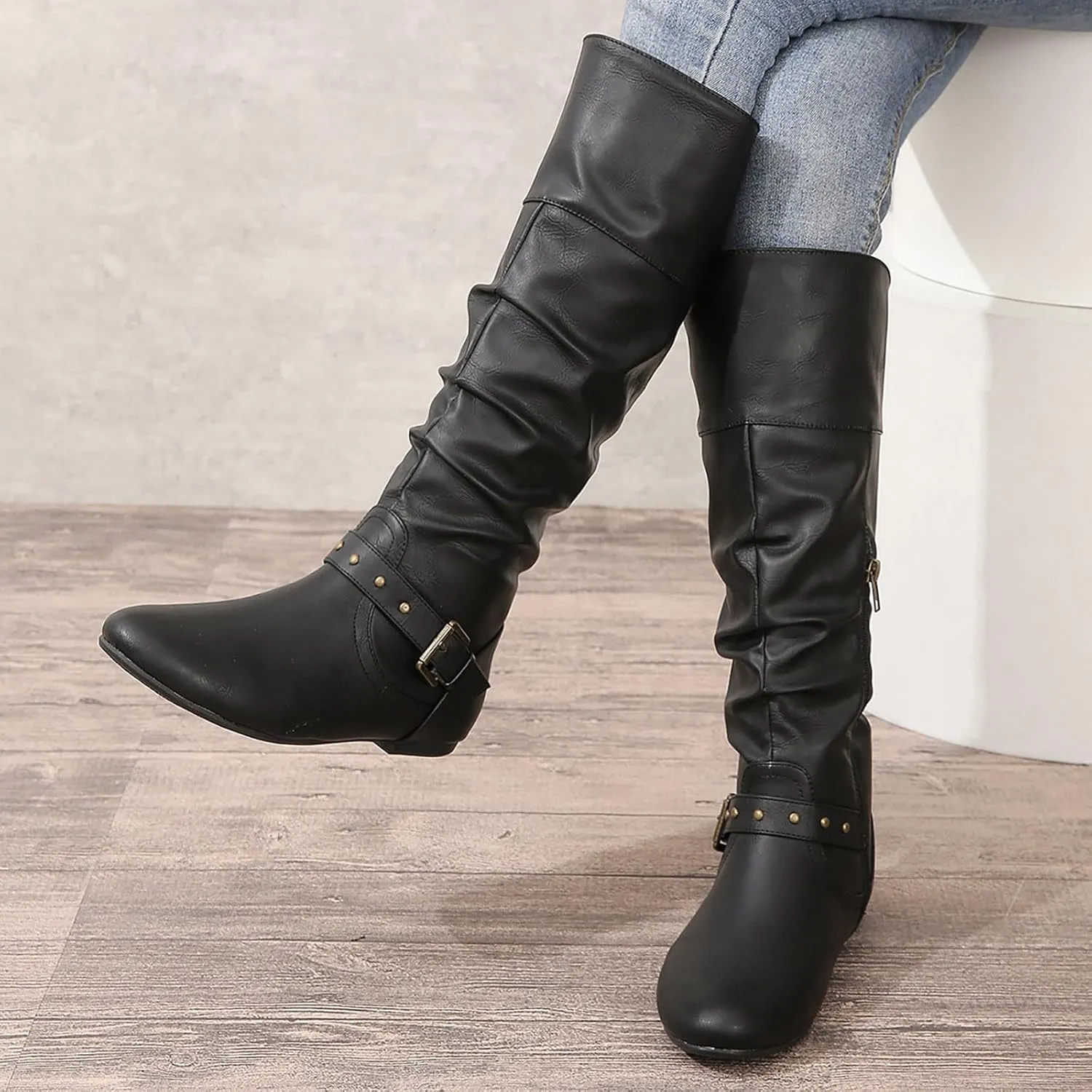 Crzidha Knight Boots for Women,Cosplay Costume Accessory Boots Side Zipper Buckle Strap Flat Riding Boots Comfortable Wide Calf Pull On Walking Boots Casual Travel Mid Cafl Boots
