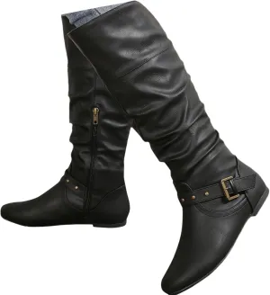Crzidha Knight Boots for Women,Cosplay Costume Accessory Boots Side Zipper Buckle Strap Flat Riding Boots Comfortable Wide Calf Pull On Walking Boots Casual Travel Mid Cafl Boots