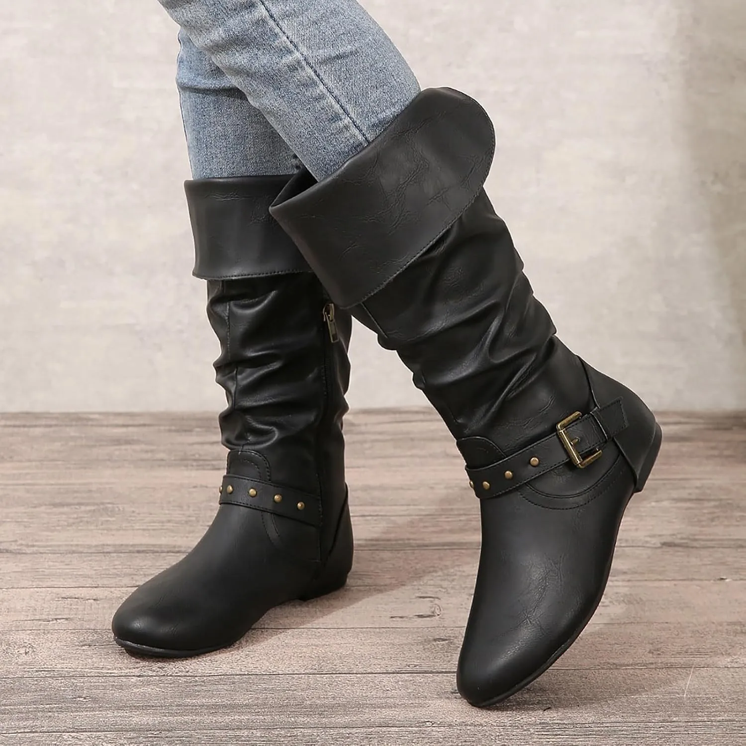 Crzidha Knight Boots for Women,Cosplay Costume Accessory Boots Side Zipper Buckle Strap Flat Riding Boots Comfortable Wide Calf Pull On Walking Boots Casual Travel Mid Cafl Boots