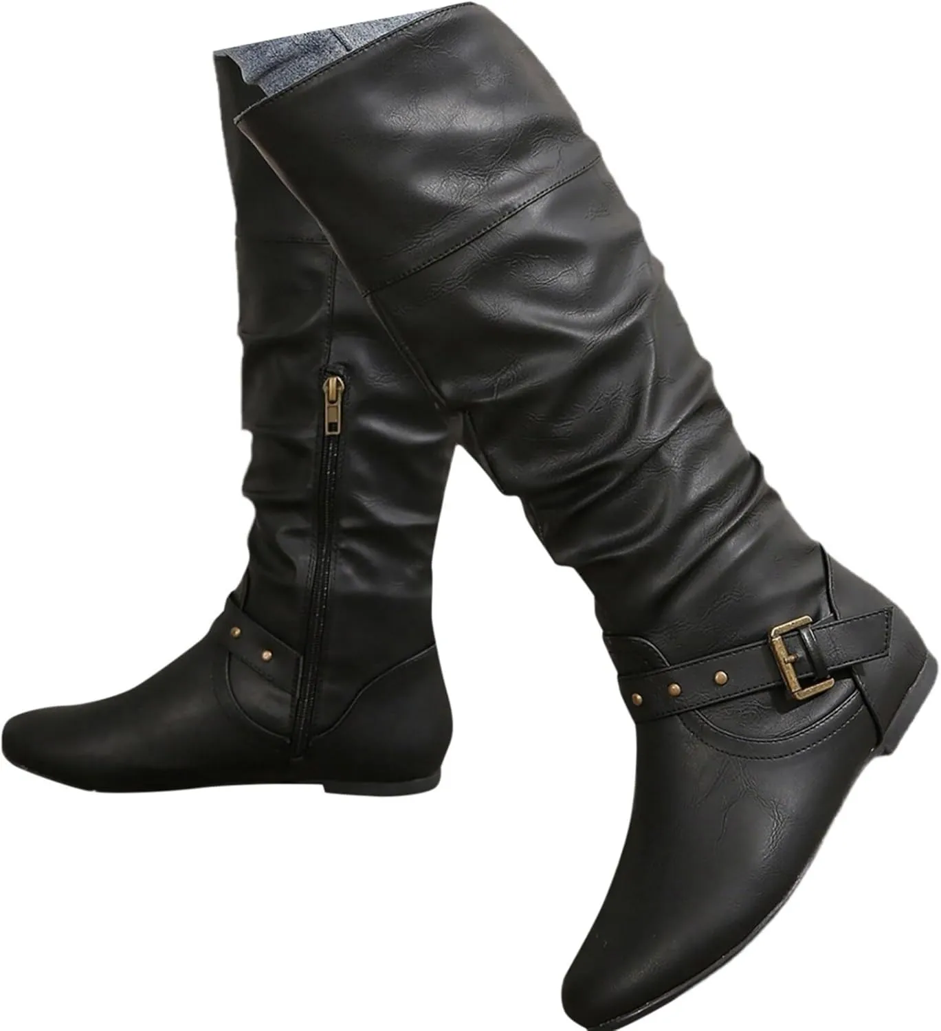 Crzidha Knight Boots for Women,Cosplay Costume Accessory Boots Side Zipper Buckle Strap Flat Riding Boots Comfortable Wide Calf Pull On Walking Boots Casual Travel Mid Cafl Boots
