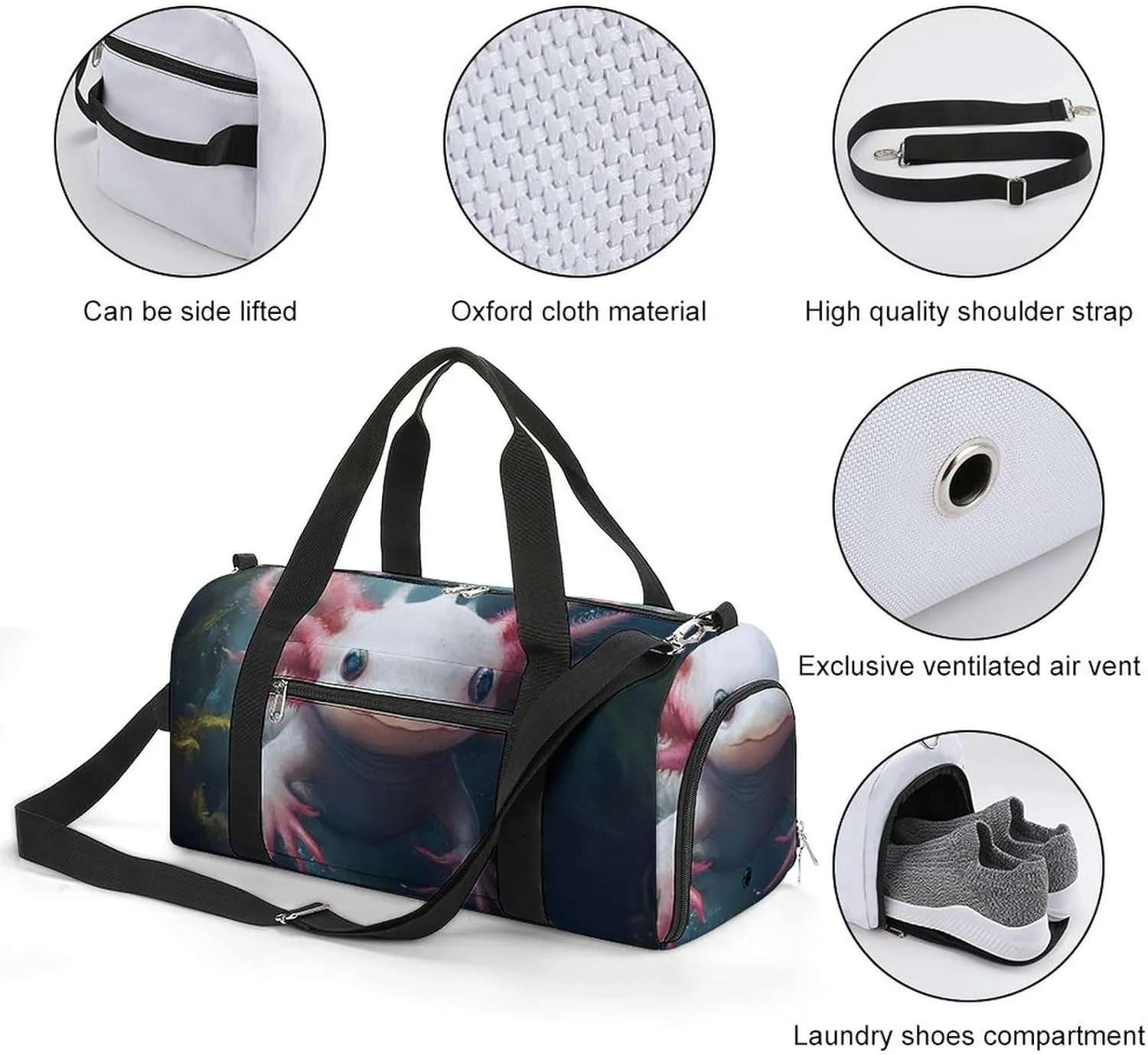 Cute Axolotl Fitness Large Gym Bag for Unisex with Shoe Compartment & Wet Pocket