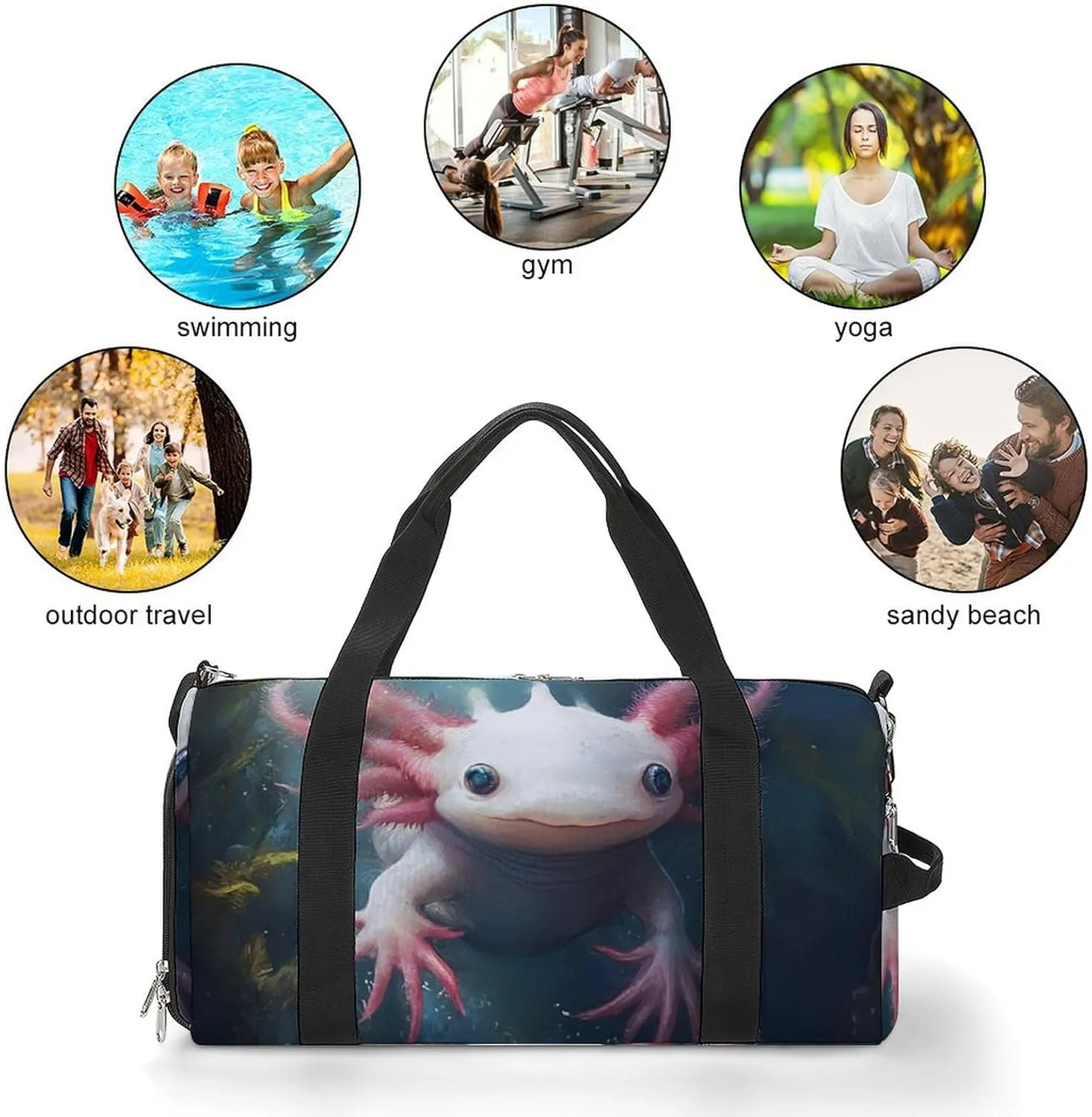 Cute Axolotl Fitness Large Gym Bag for Unisex with Shoe Compartment & Wet Pocket