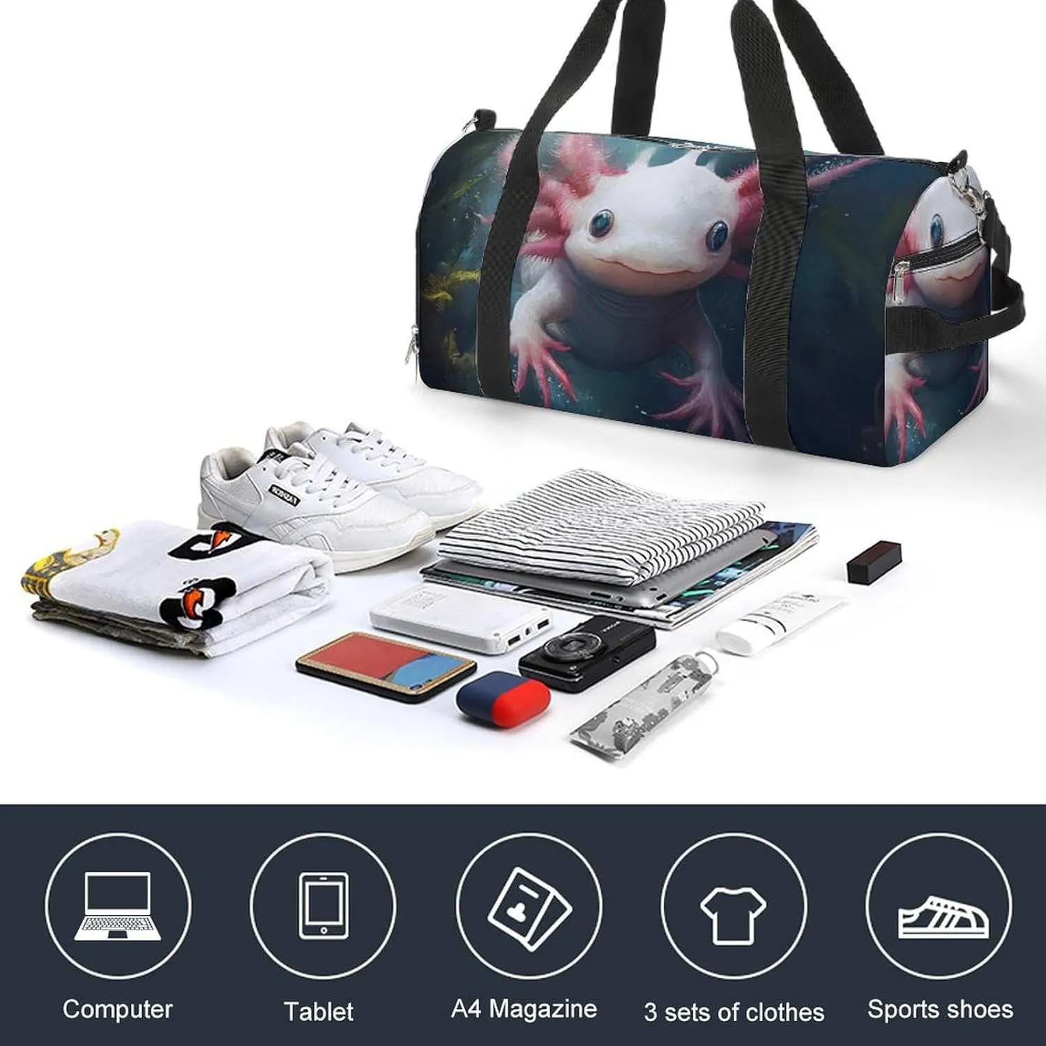 Cute Axolotl Fitness Large Gym Bag for Unisex with Shoe Compartment & Wet Pocket