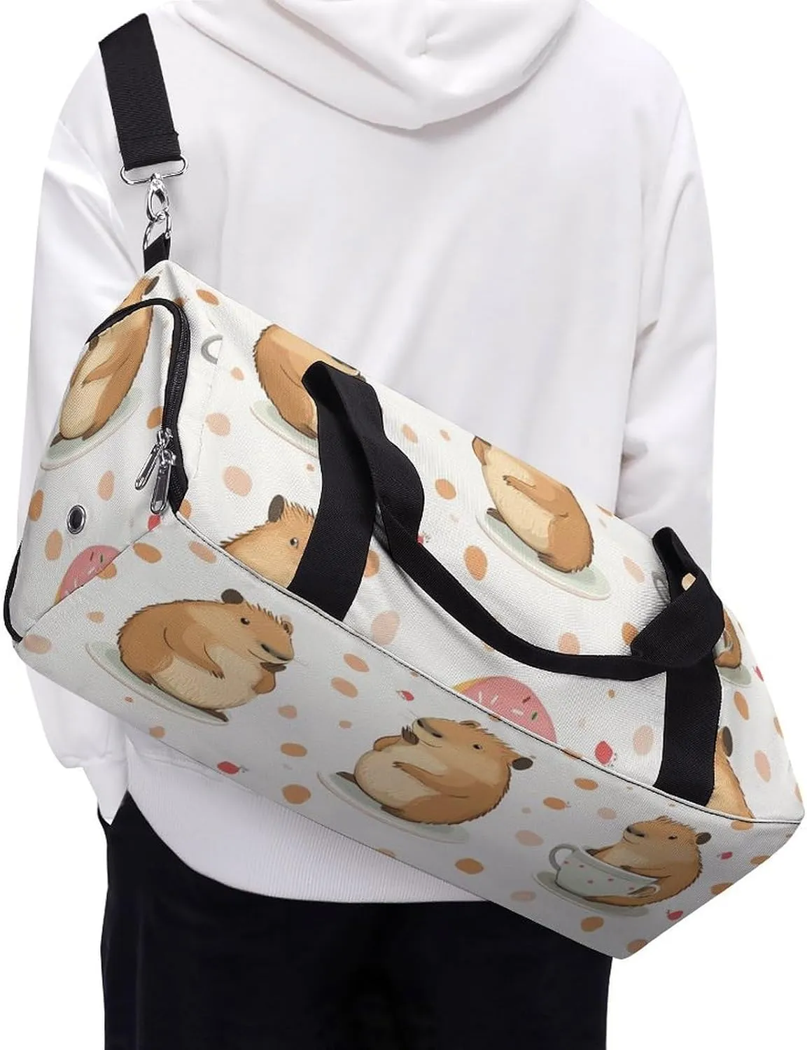Cute Capybar on Dots Fitness Large Gym Bag for Unisex with Shoe Compartment & Wet Pocket