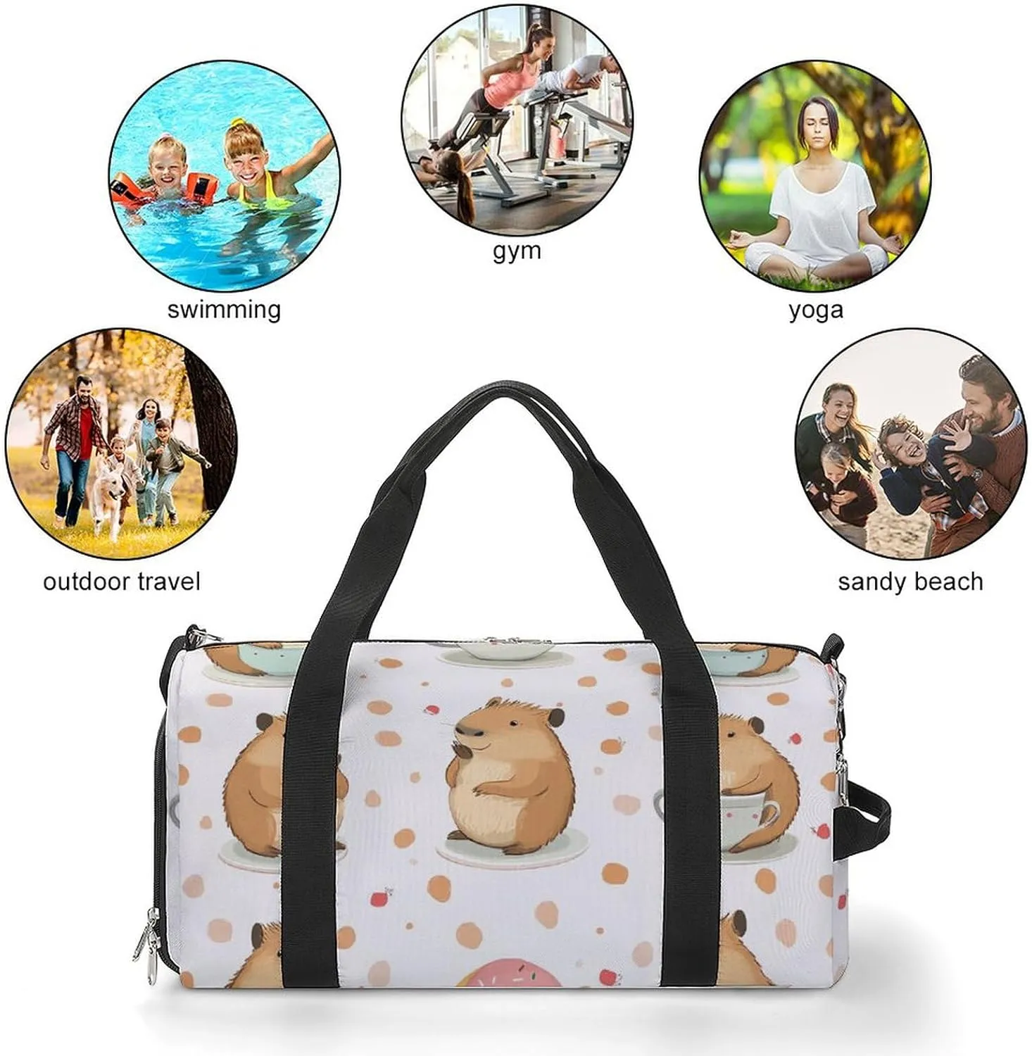 Cute Capybar on Dots Fitness Large Gym Bag for Unisex with Shoe Compartment & Wet Pocket