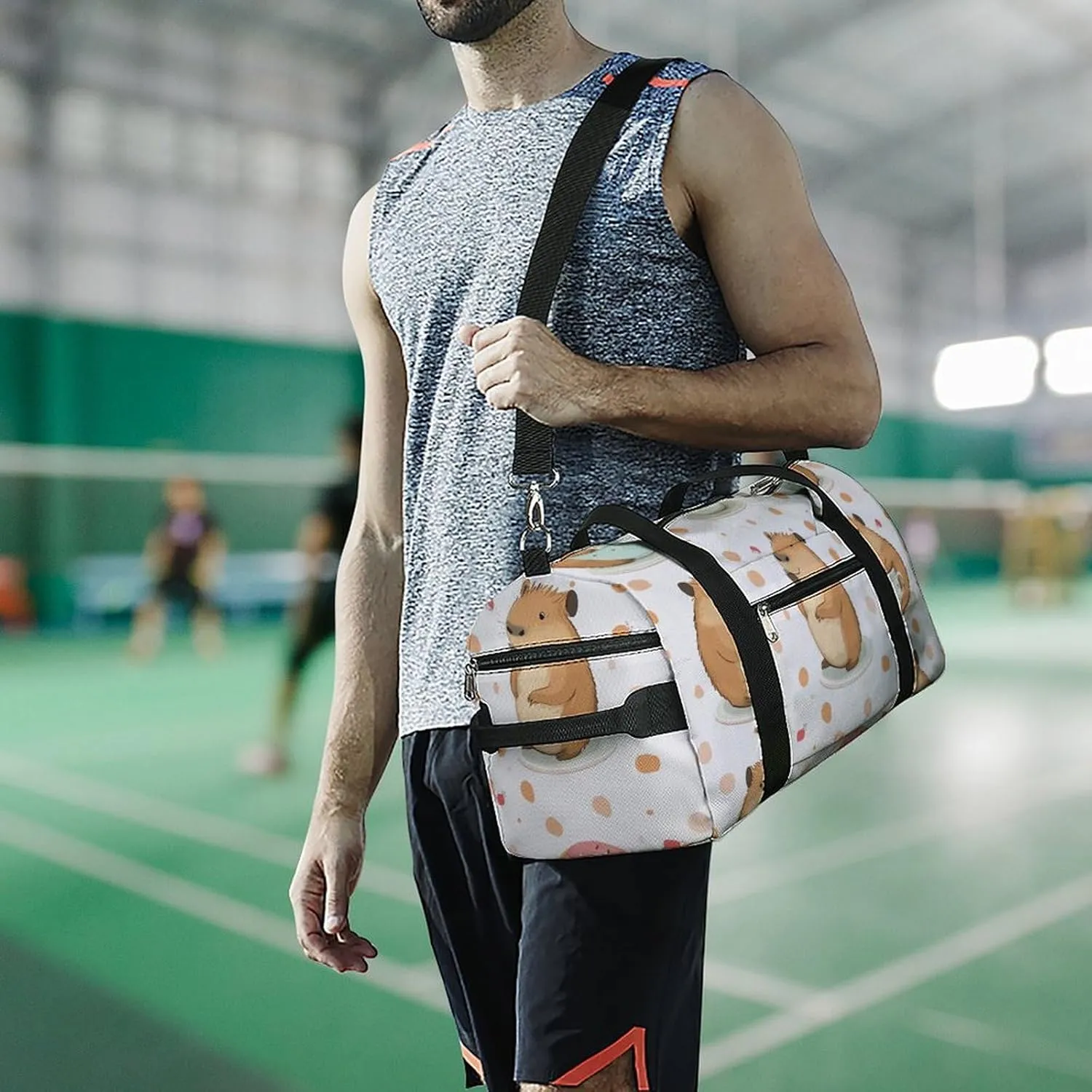 Cute Capybar on Dots Fitness Large Gym Bag for Unisex with Shoe Compartment & Wet Pocket