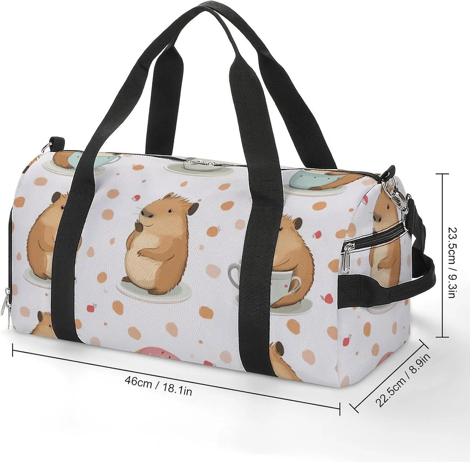 Cute Capybar on Dots Fitness Large Gym Bag for Unisex with Shoe Compartment & Wet Pocket