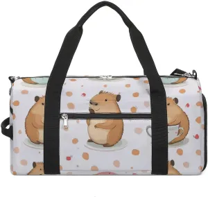 Cute Capybar on Dots Fitness Large Gym Bag for Unisex with Shoe Compartment & Wet Pocket