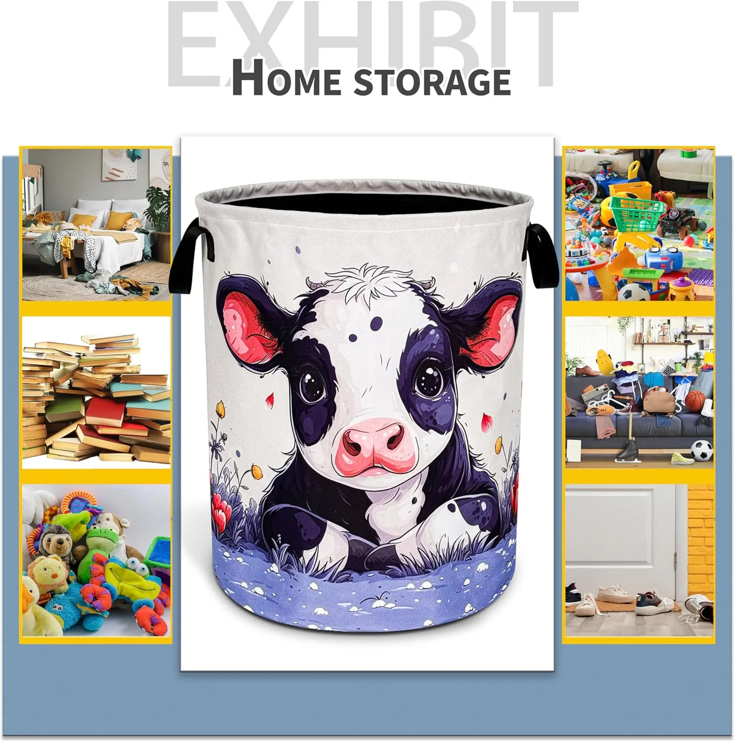 Cute Cow Laundry Basket Animal Foldable Oxford Cloth Funny Tote Bag Laundry Hamper Clothes Storage Bucket Toy Organizer For Bathroom/Laundry Storage/Bedroom 18.9x16.5 Inch