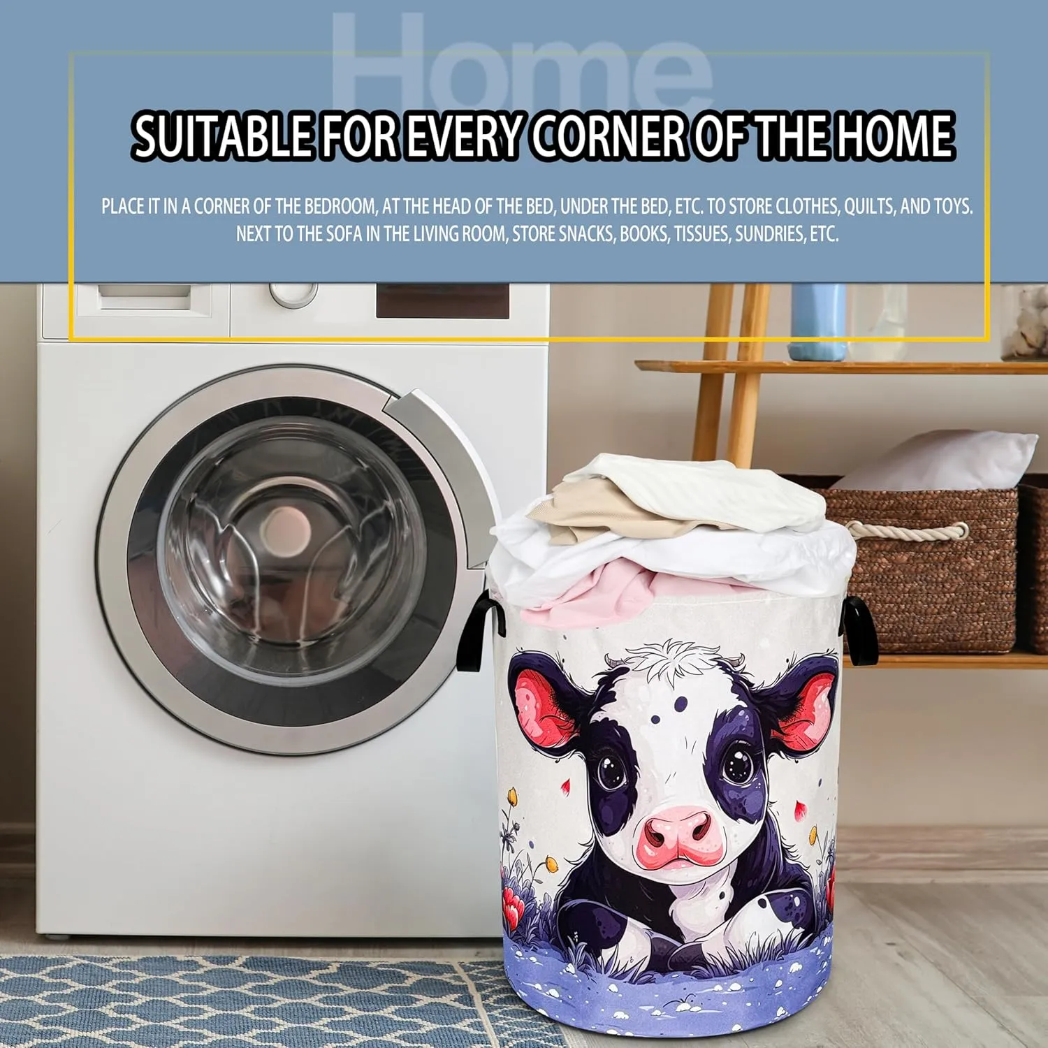 Cute Cow Laundry Basket Animal Foldable Oxford Cloth Funny Tote Bag Laundry Hamper Clothes Storage Bucket Toy Organizer For Bathroom/Laundry Storage/Bedroom 18.9x16.5 Inch